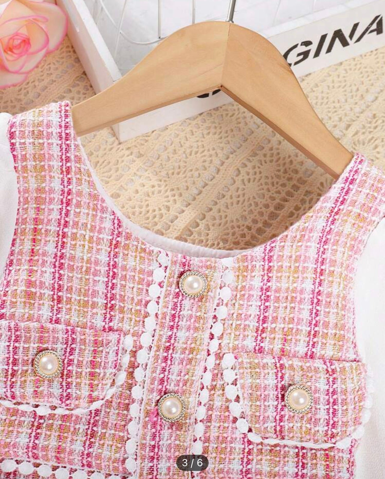 Vestido Rosa pequeño elegante Burbuja de Manga Larga de cuadros con perlas
