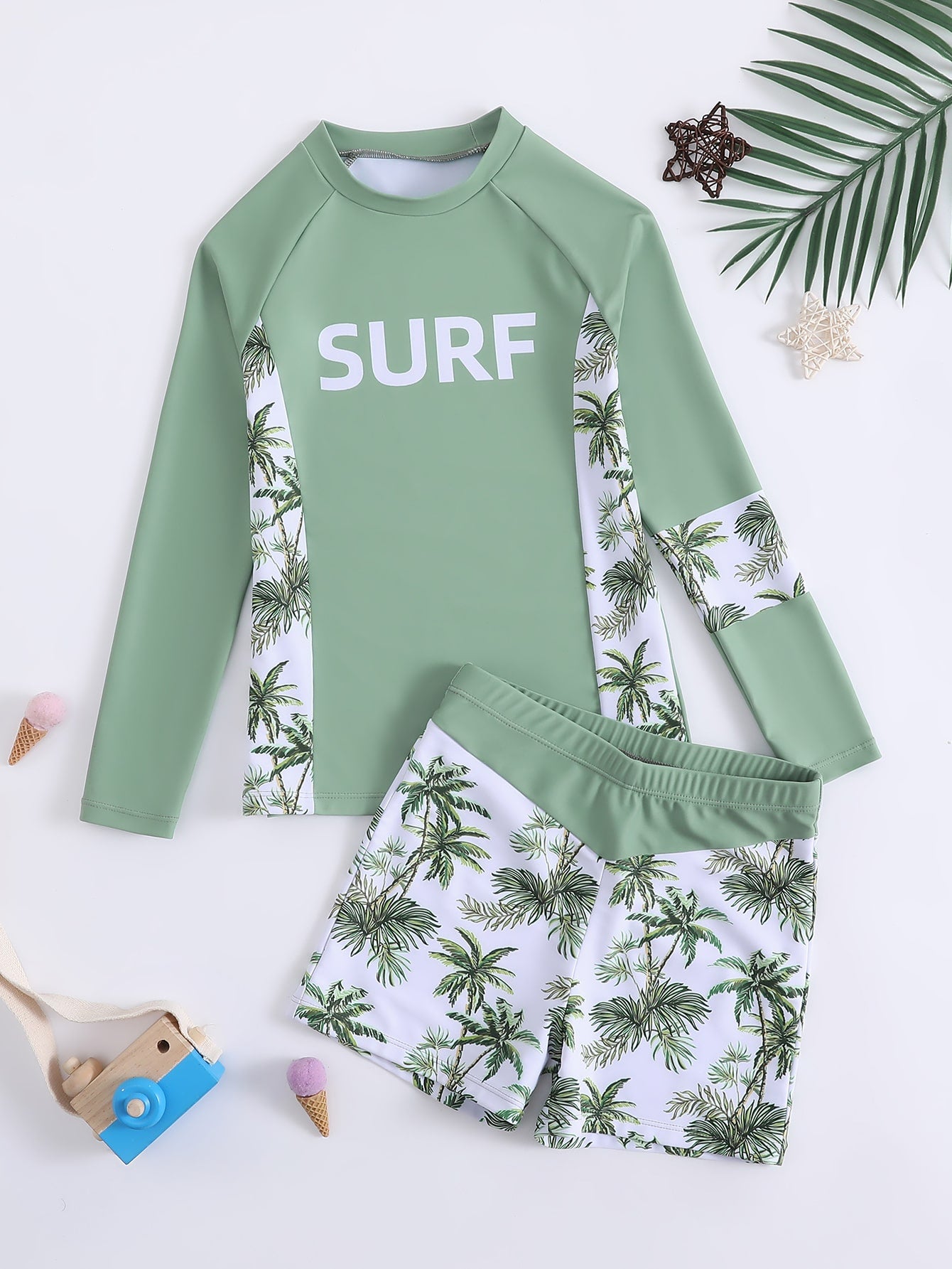 Conjunto de trajes de baño para niño pre-adolescente estampado de palmera