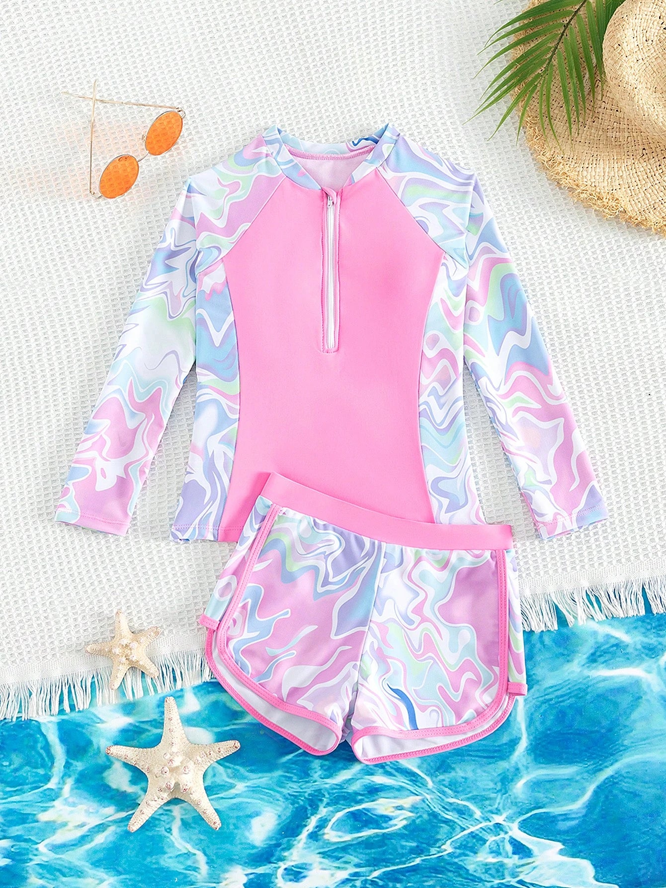 Trikini para niña preadolescente con cremallera frontal y diseño de rayas de olas