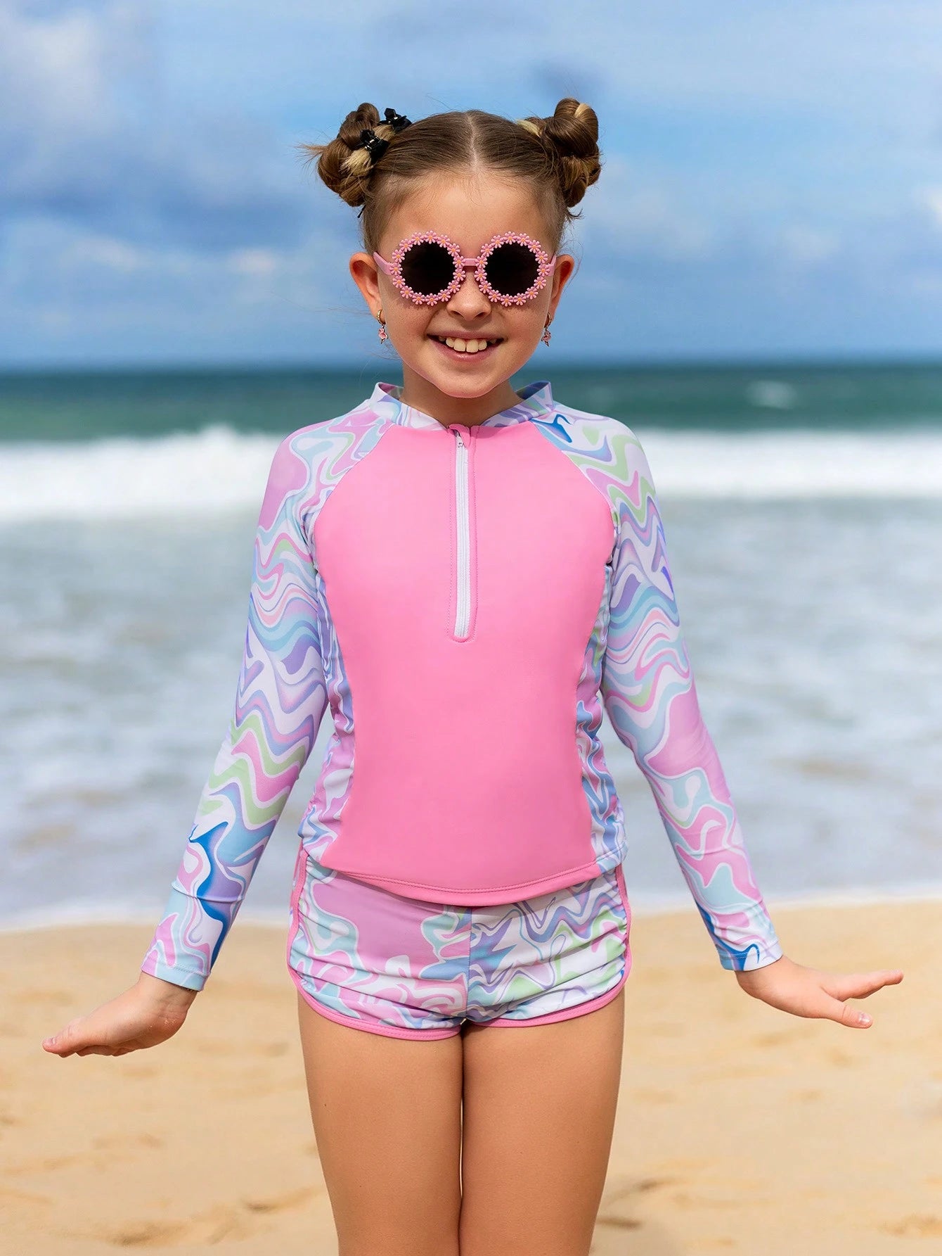 Trikini para niña preadolescente con cremallera frontal y diseño de rayas de olas