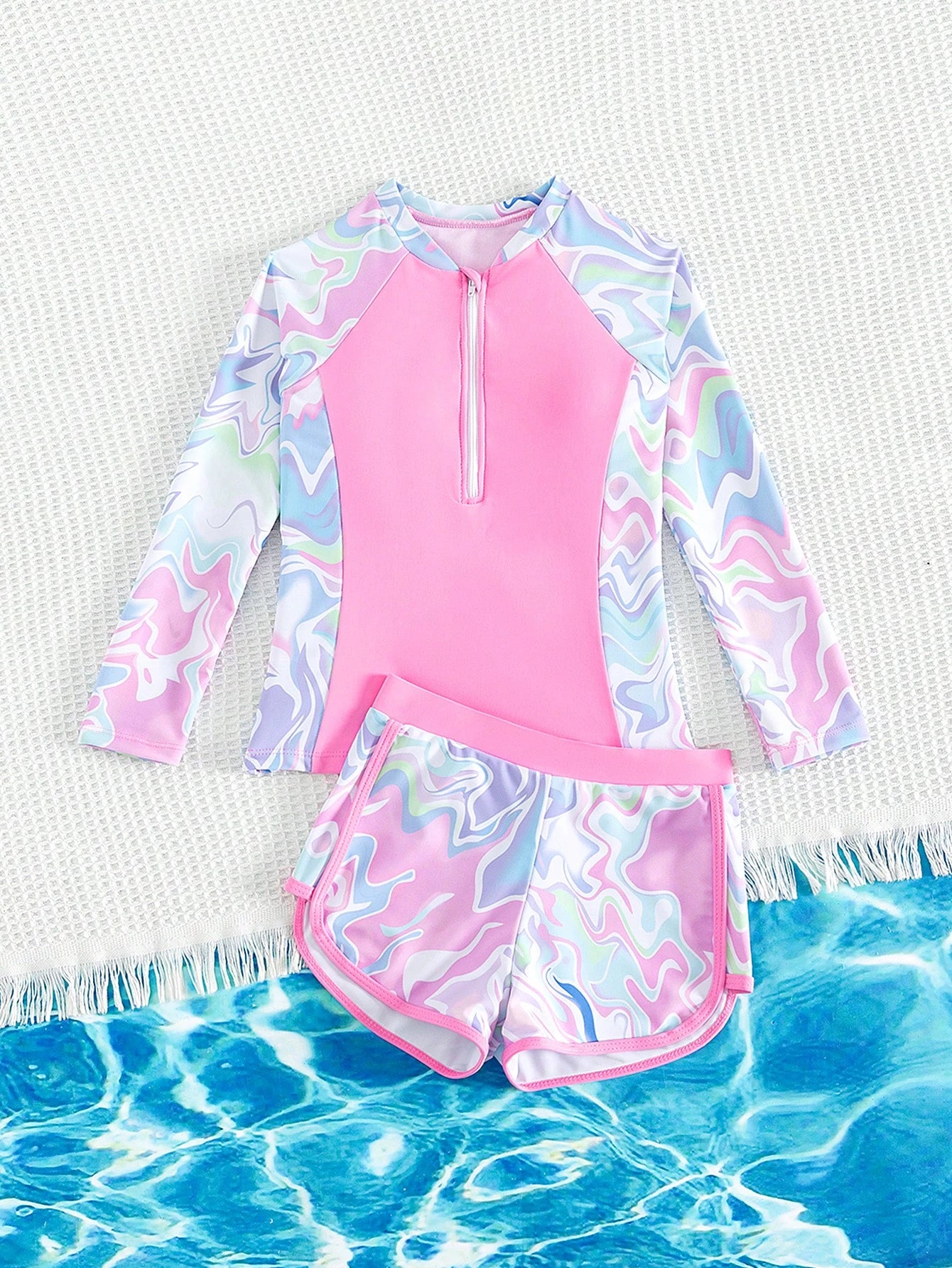 Trikini para niña preadolescente con cremallera frontal y diseño de rayas de olas