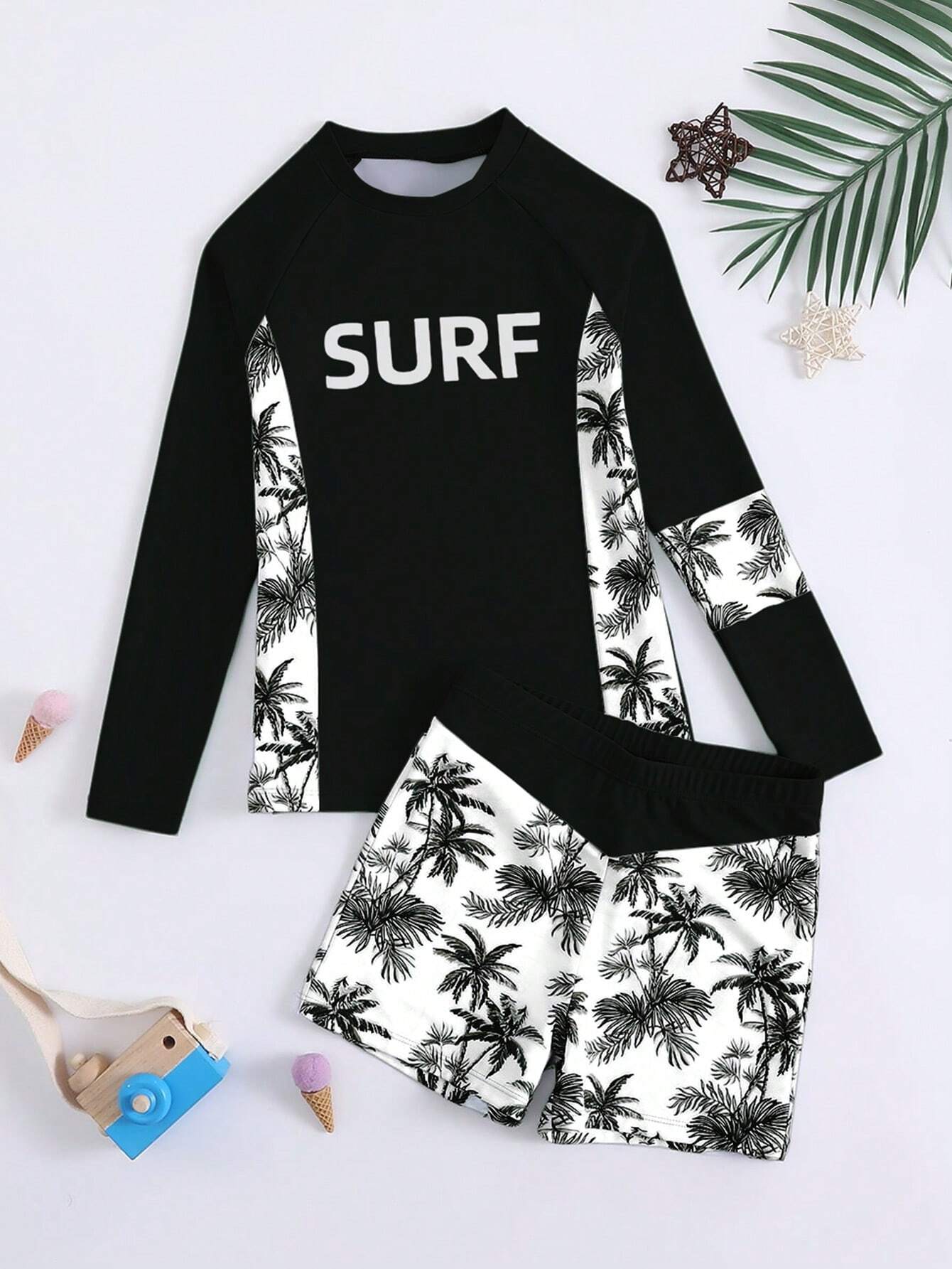 Conjunto de trajes de baño para niño pre-adolescente estampado de palmera