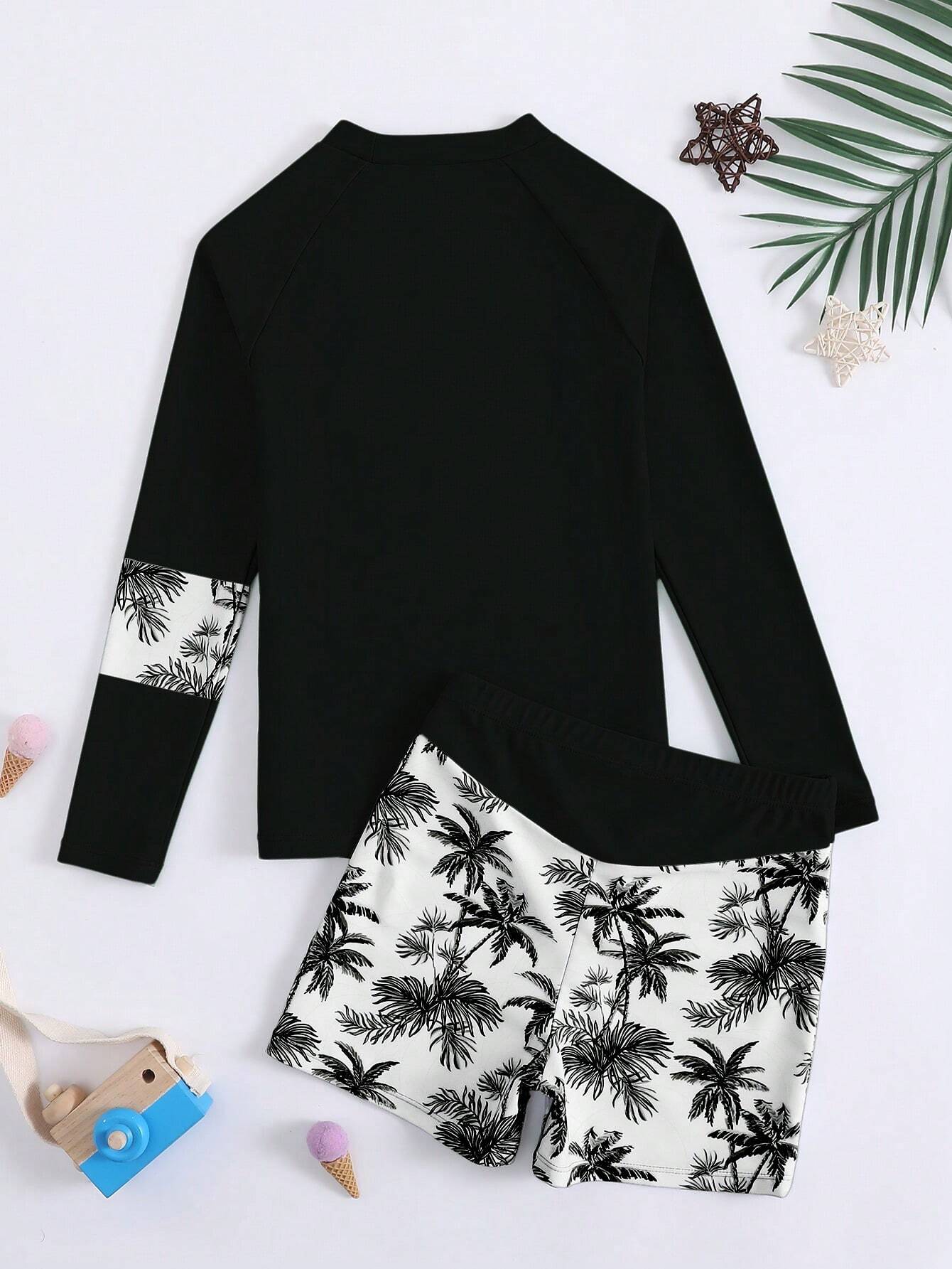 Conjunto de trajes de baño para niño pre-adolescente estampado de palmera