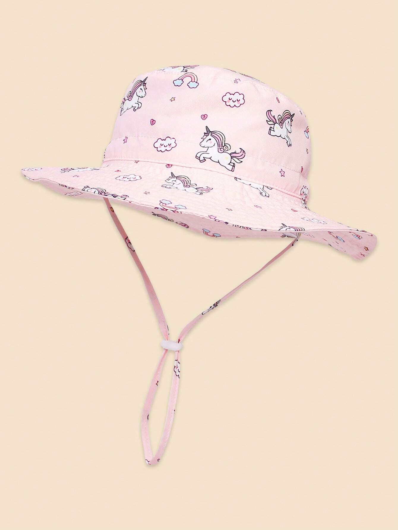 Sombrero de playa rosa para niños con estampado de unicornio y protección anti-UV, gorro tipo balde para niñas de 0 a 8 años