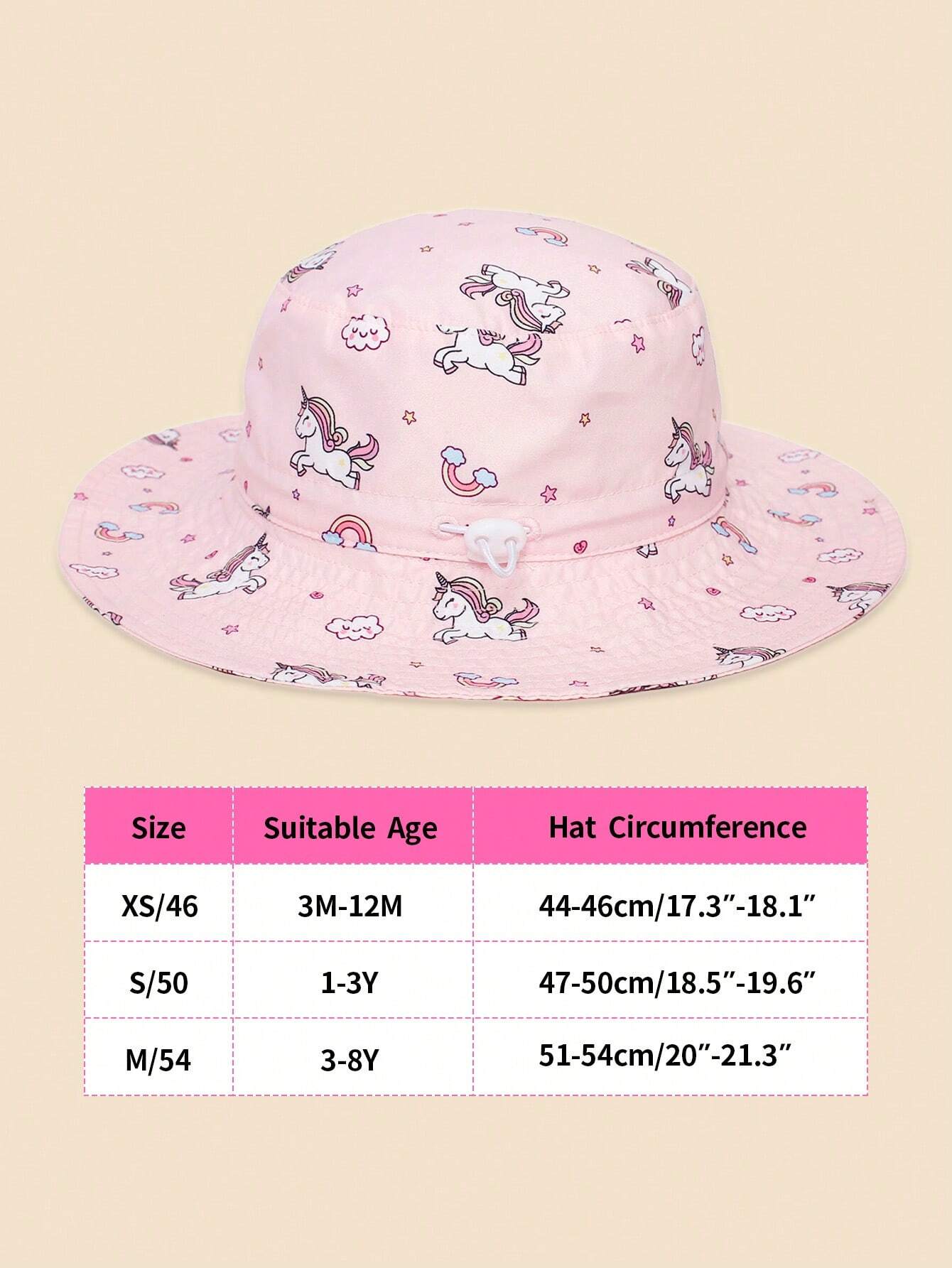 Sombrero de playa rosa para niños con estampado de unicornio y protección anti-UV, gorro tipo balde para niñas de 0 a 8 años