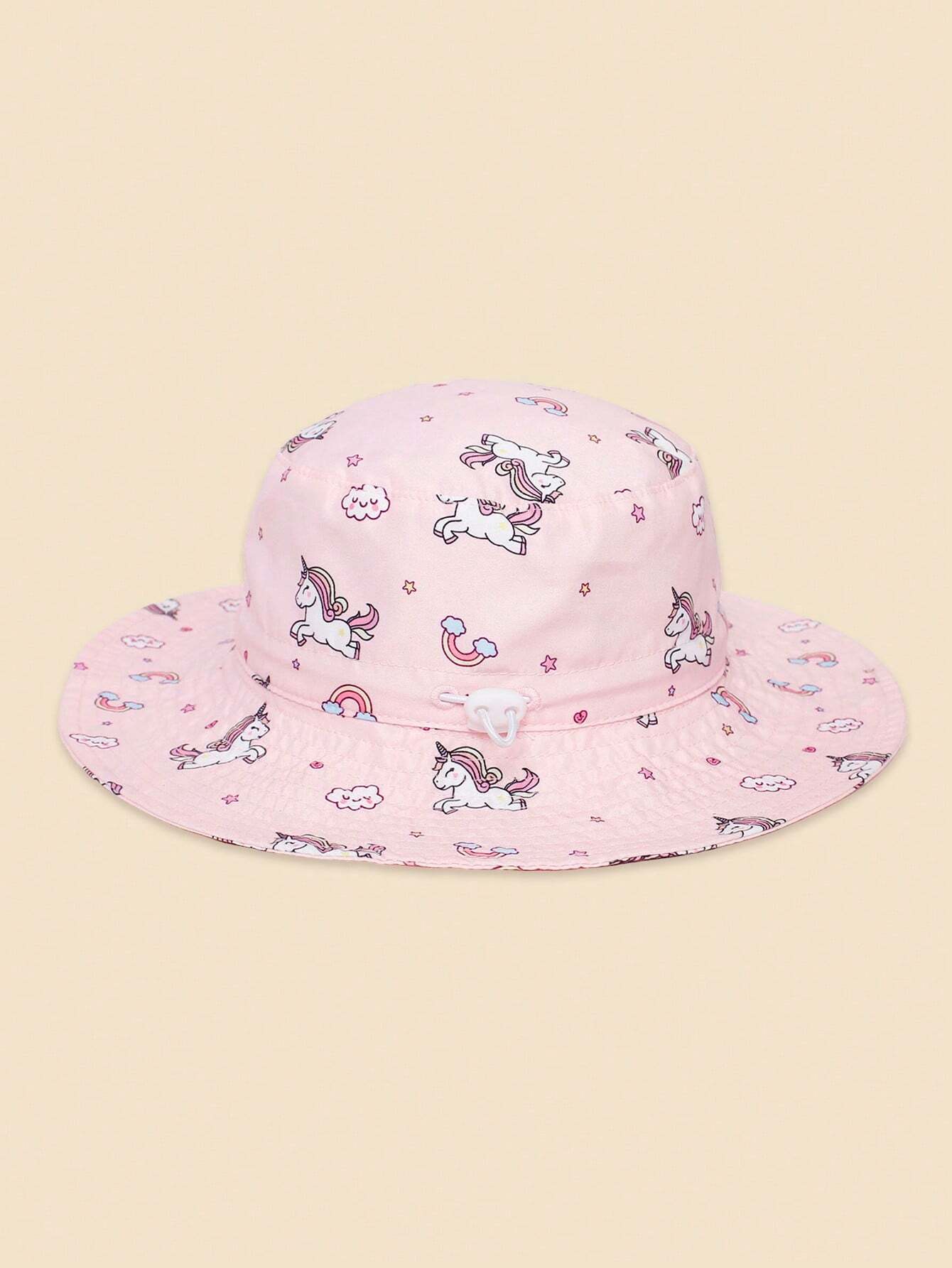 Sombrero de playa rosa para niños con estampado de unicornio y protección anti-UV, gorro tipo balde para niñas de 0 a 8 años