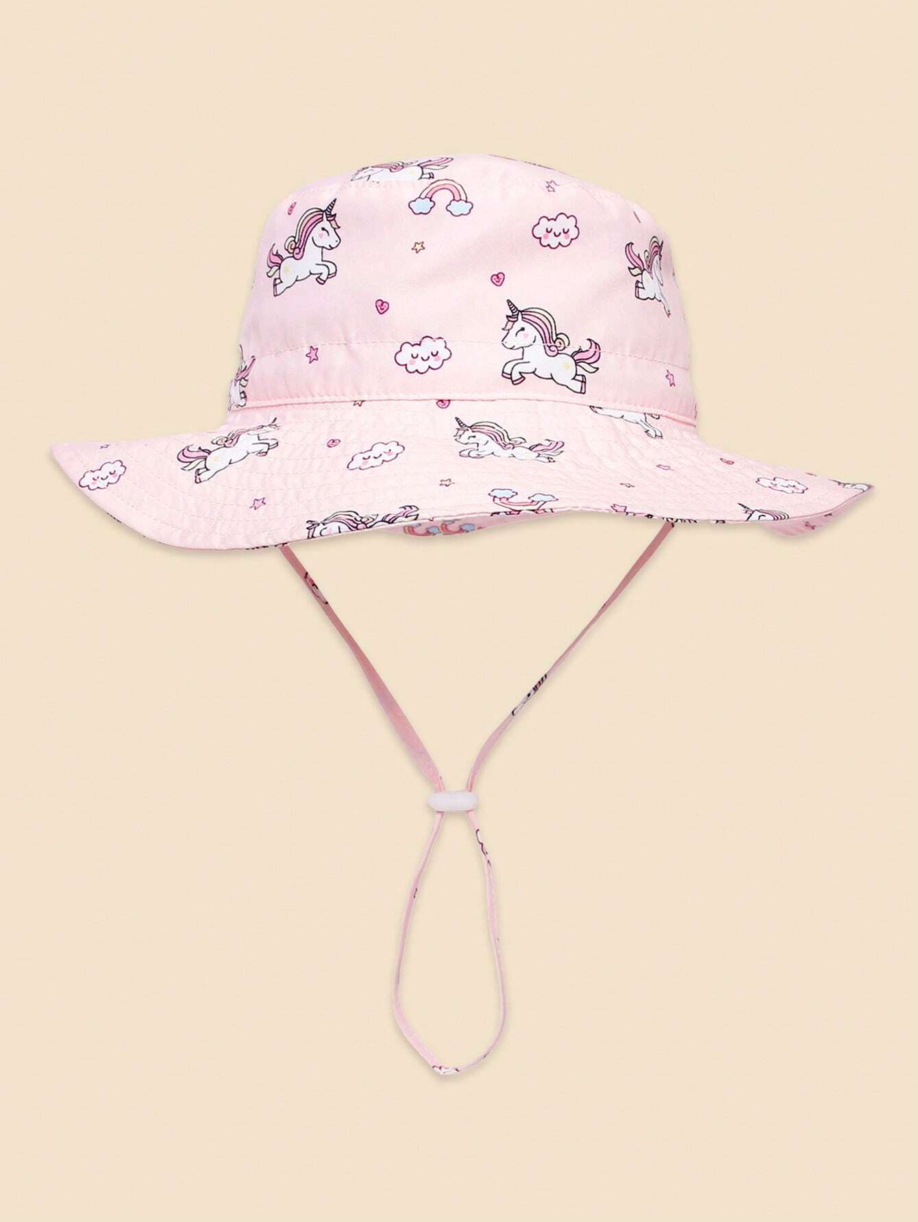 Sombrero de playa rosa para niños con estampado de unicornio y protección anti-UV, gorro tipo balde para niñas de 0 a 8 años