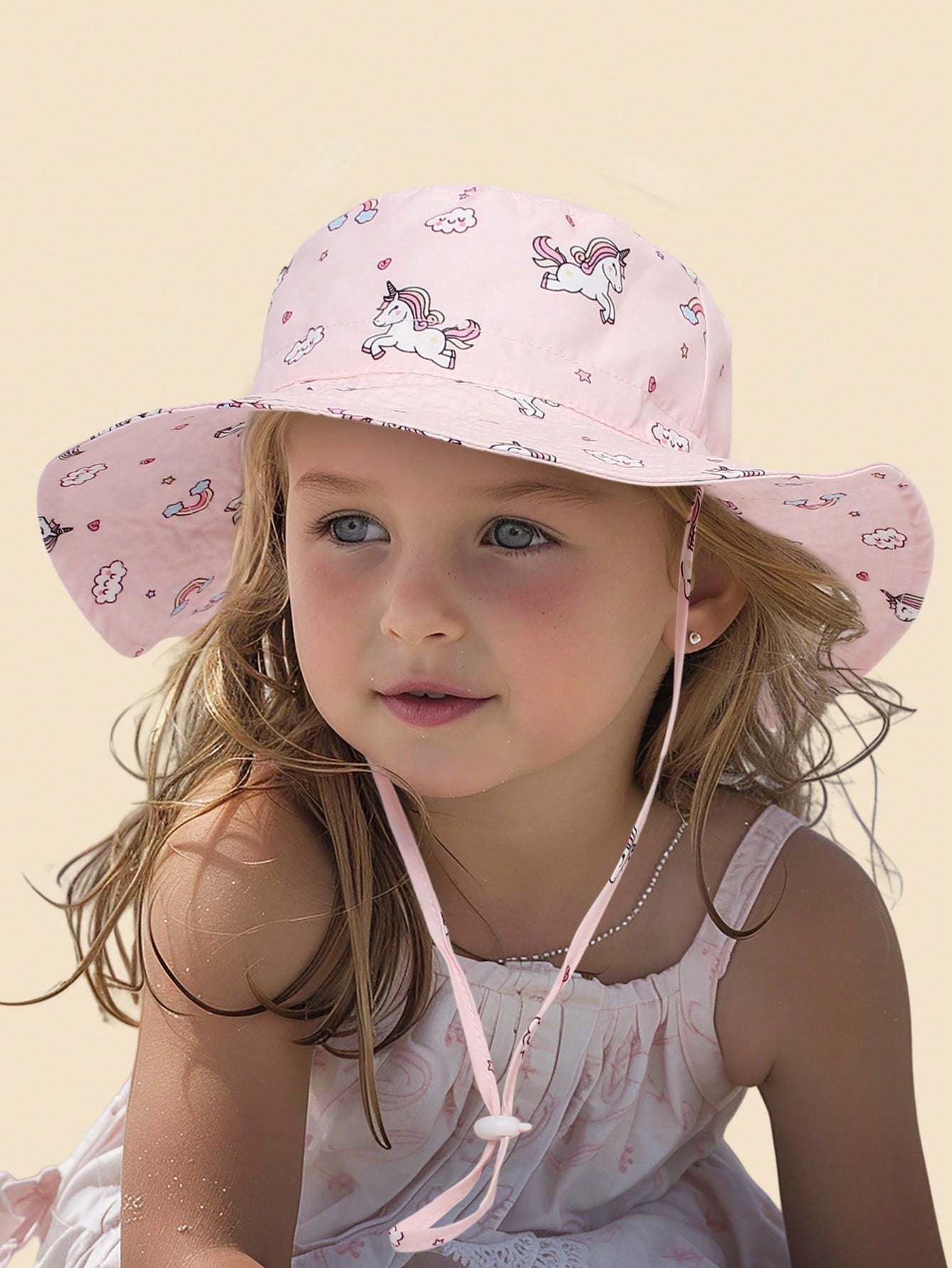 Sombrero de playa rosa para niños con estampado de unicornio y protección anti-UV, gorro tipo balde para niñas de 0 a 8 años