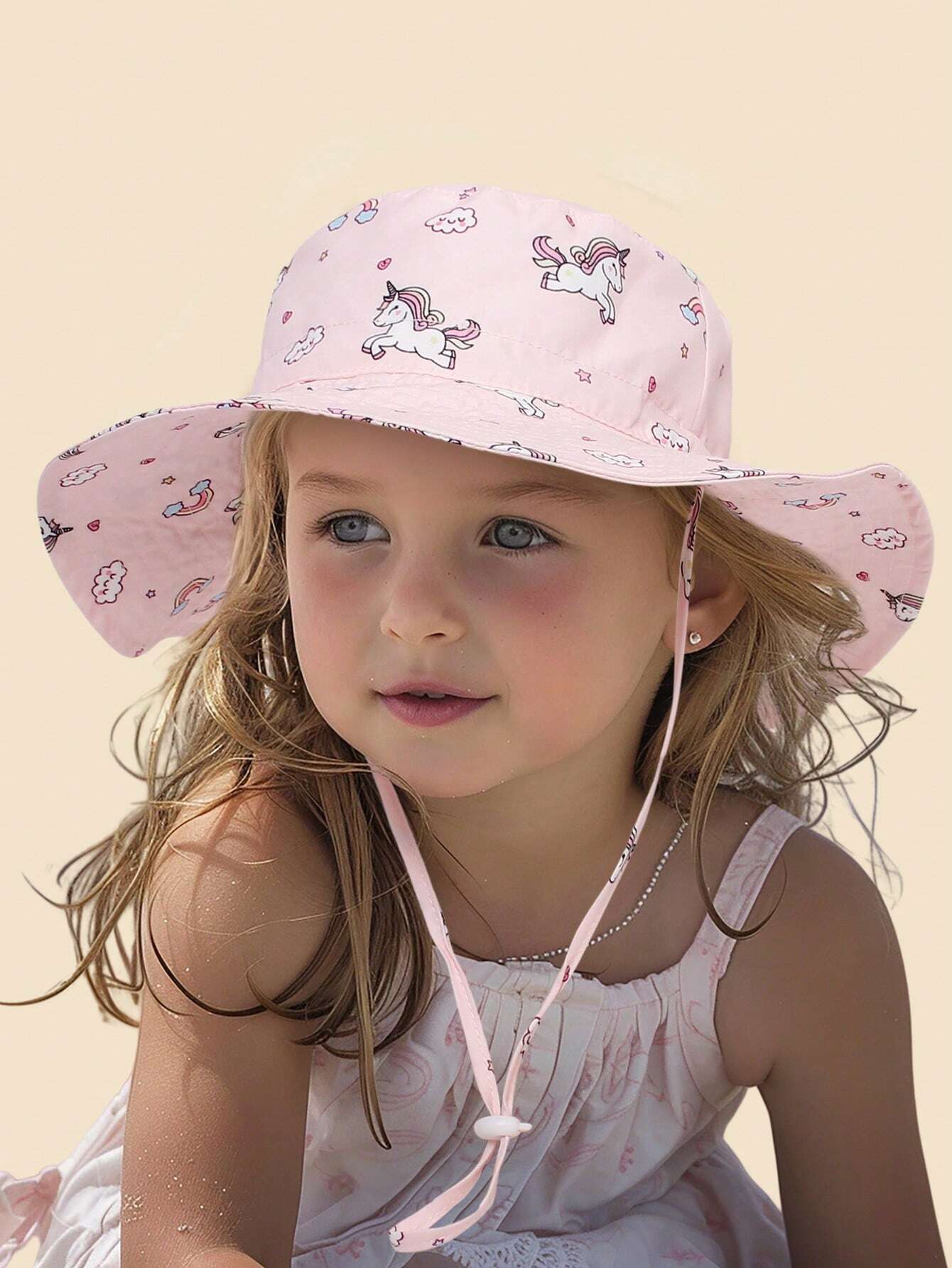 Sombrero de playa rosa para niños con estampado de unicornio y protección anti-UV, gorro tipo balde para niñas de 0 a 8 años