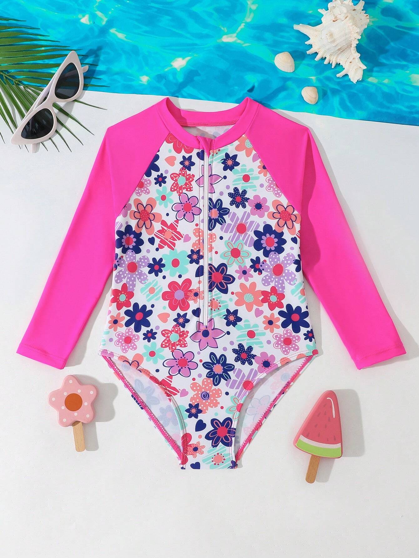 1 pieza Traje de baño informal de una sola pieza con manga larga, cremallera frontal y unicolor para niñas jóvenes