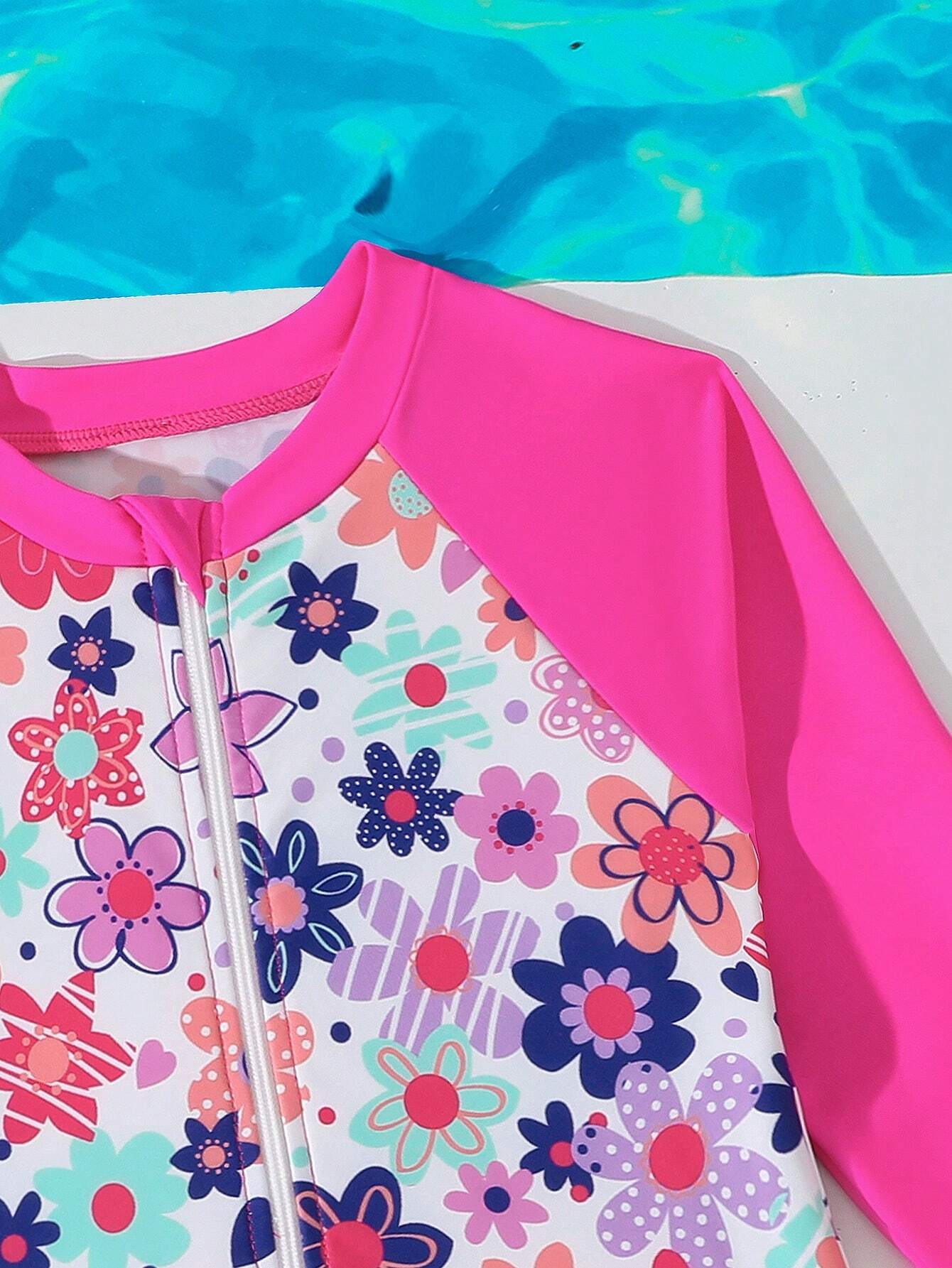 1 pieza Traje de baño informal de una sola pieza con manga larga, cremallera frontal y unicolor para niñas jóvenes