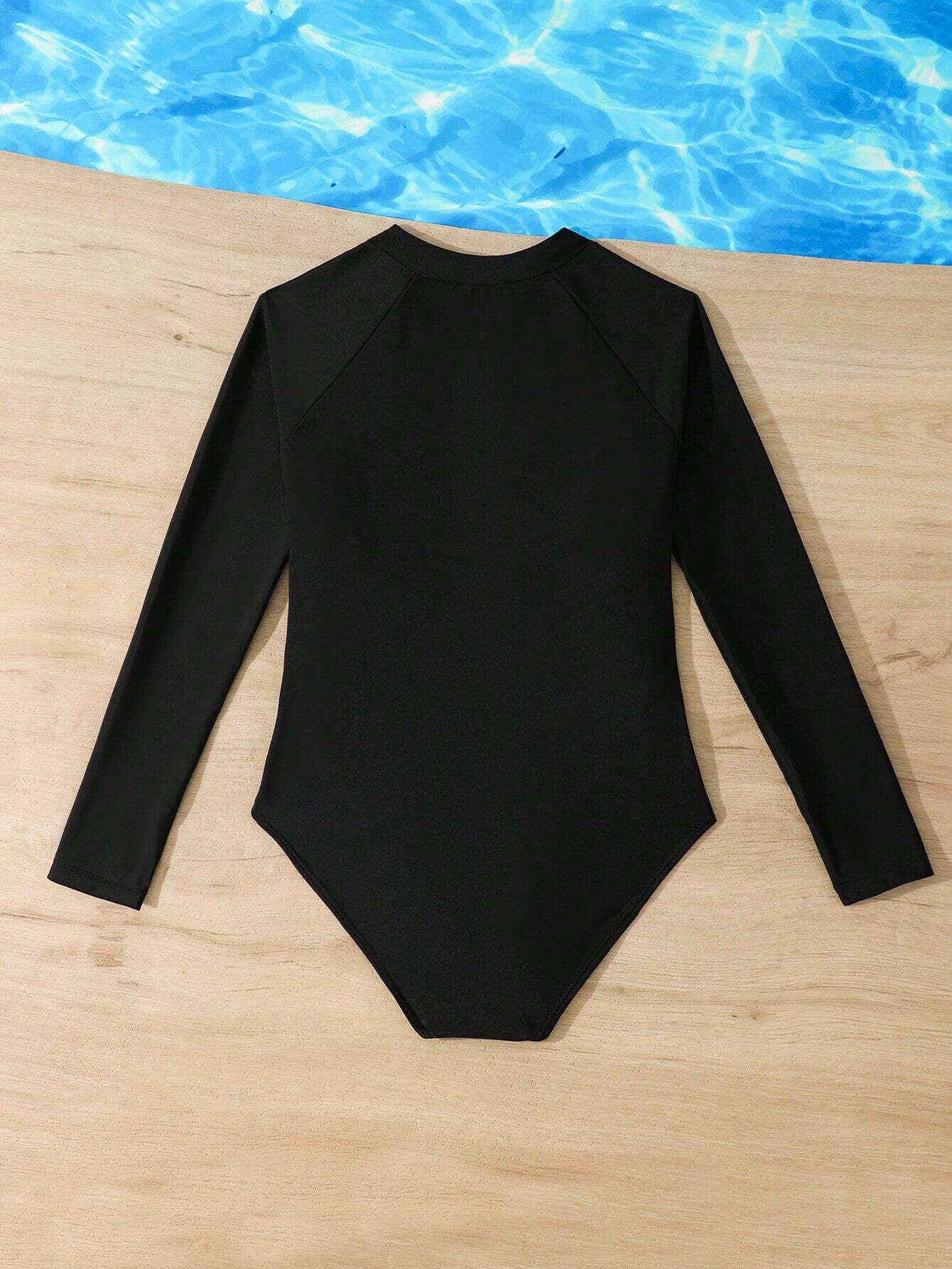 Traje de baño de una pieza con cierre para niña preadolescente de unicolor y entallado
