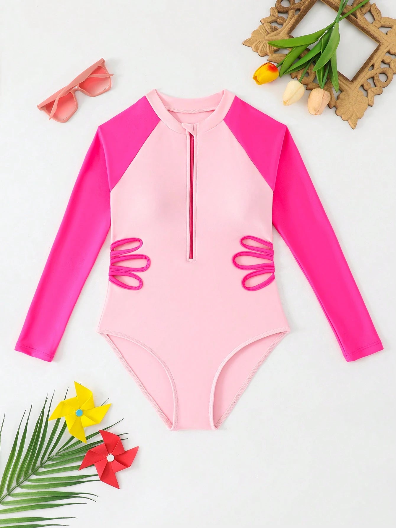 Traje de baño de una pieza con mangas largas y bloques de color para niña preadolescente
