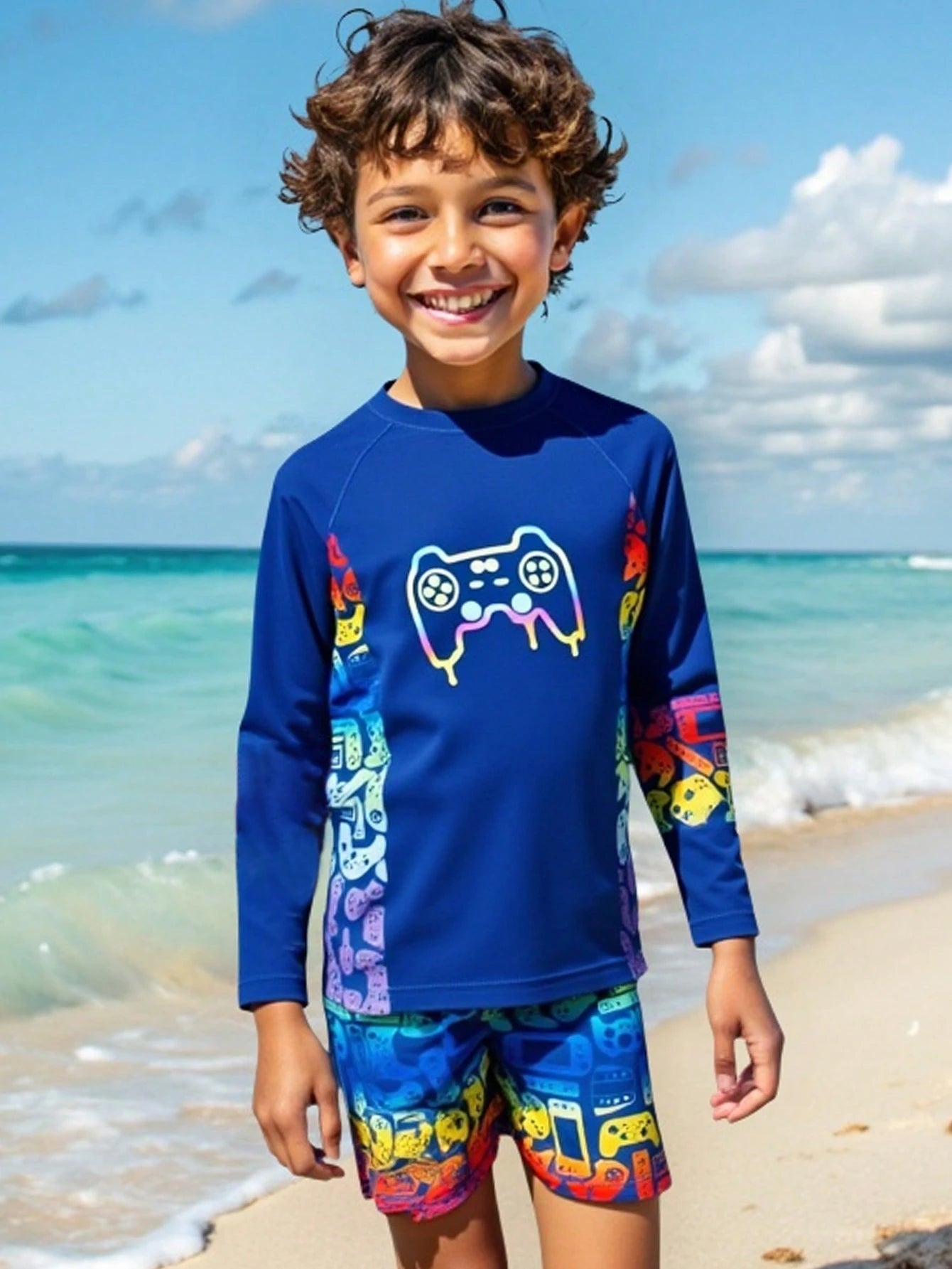 Conjunto de tankini con parte superior de manga larga y pantalón de baño con estampado de control de juego para niño pequeño
