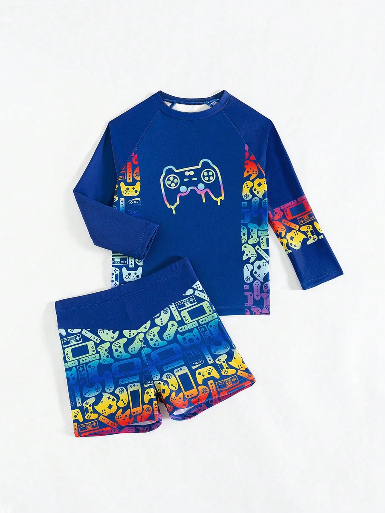 Conjunto de tankini con parte superior de manga larga y pantalón de baño con estampado de control de juego para niño pequeño