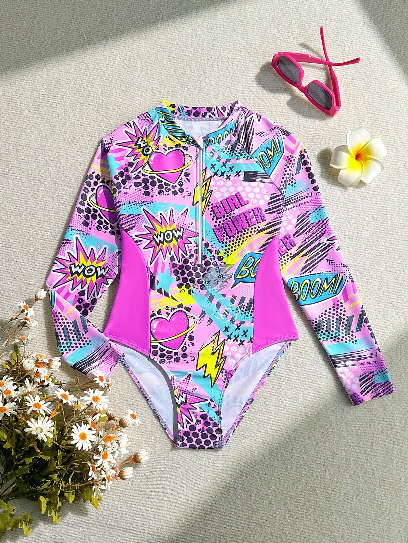 Traje de baño de una pieza con mangas largas y estampado de parchwork para niña preadolescente