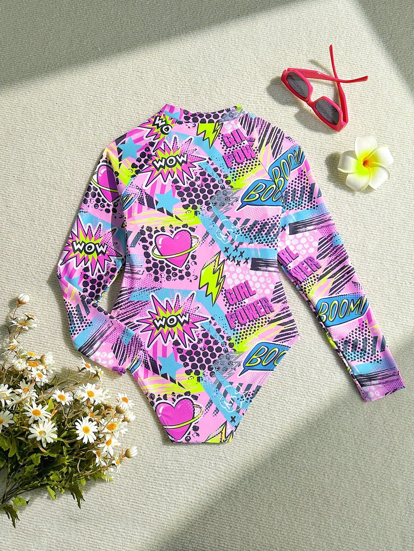 Traje de baño de una pieza con mangas largas y estampado de parchwork para niña preadolescente