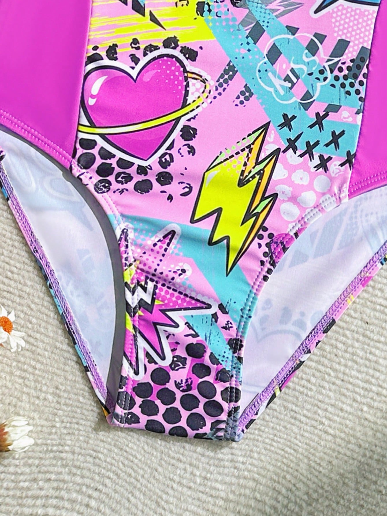 Traje de baño de una pieza con mangas largas y estampado de parchwork para niña preadolescente