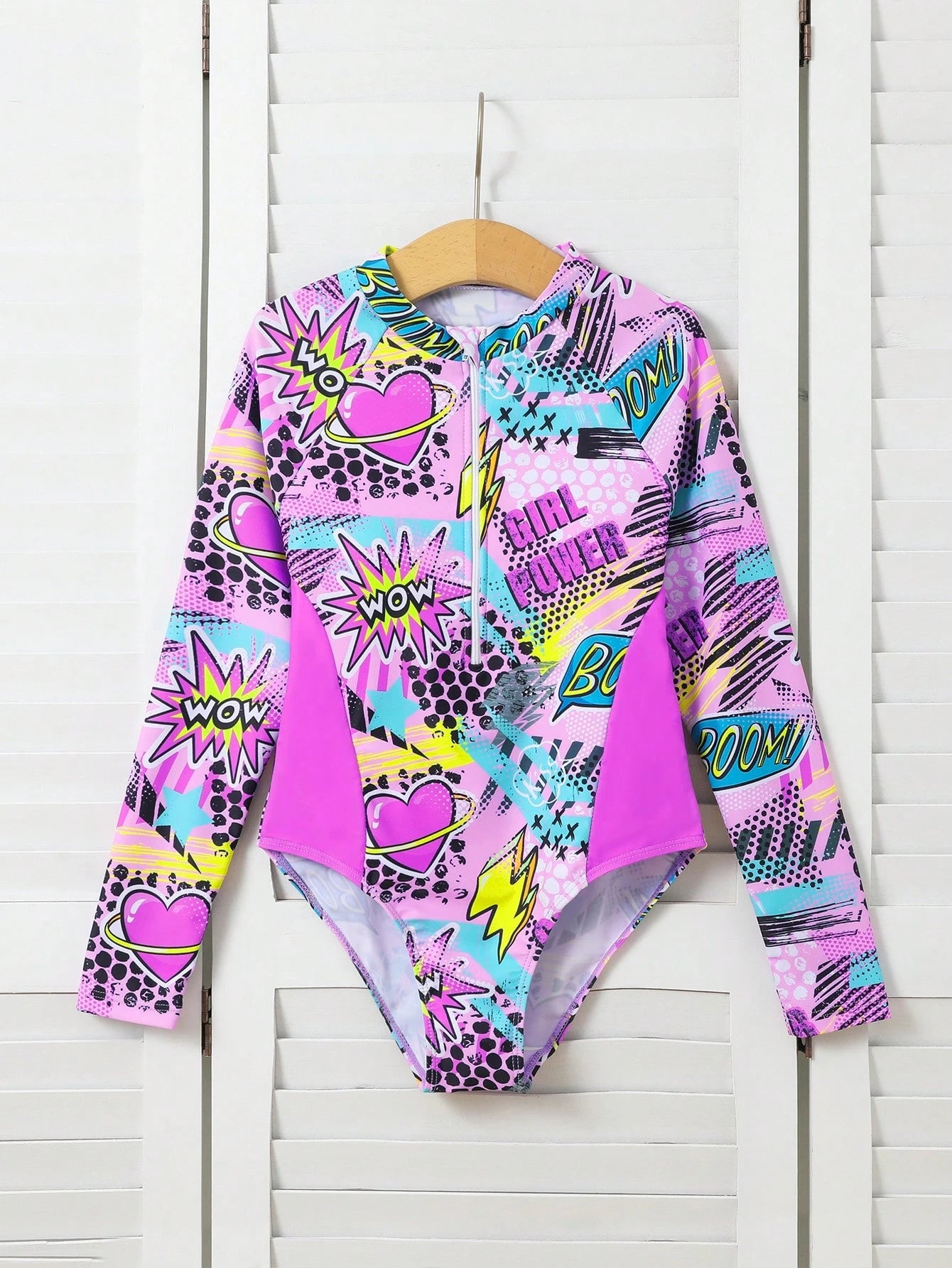 Traje de baño de una pieza con mangas largas y estampado de parchwork para niña preadolescente
