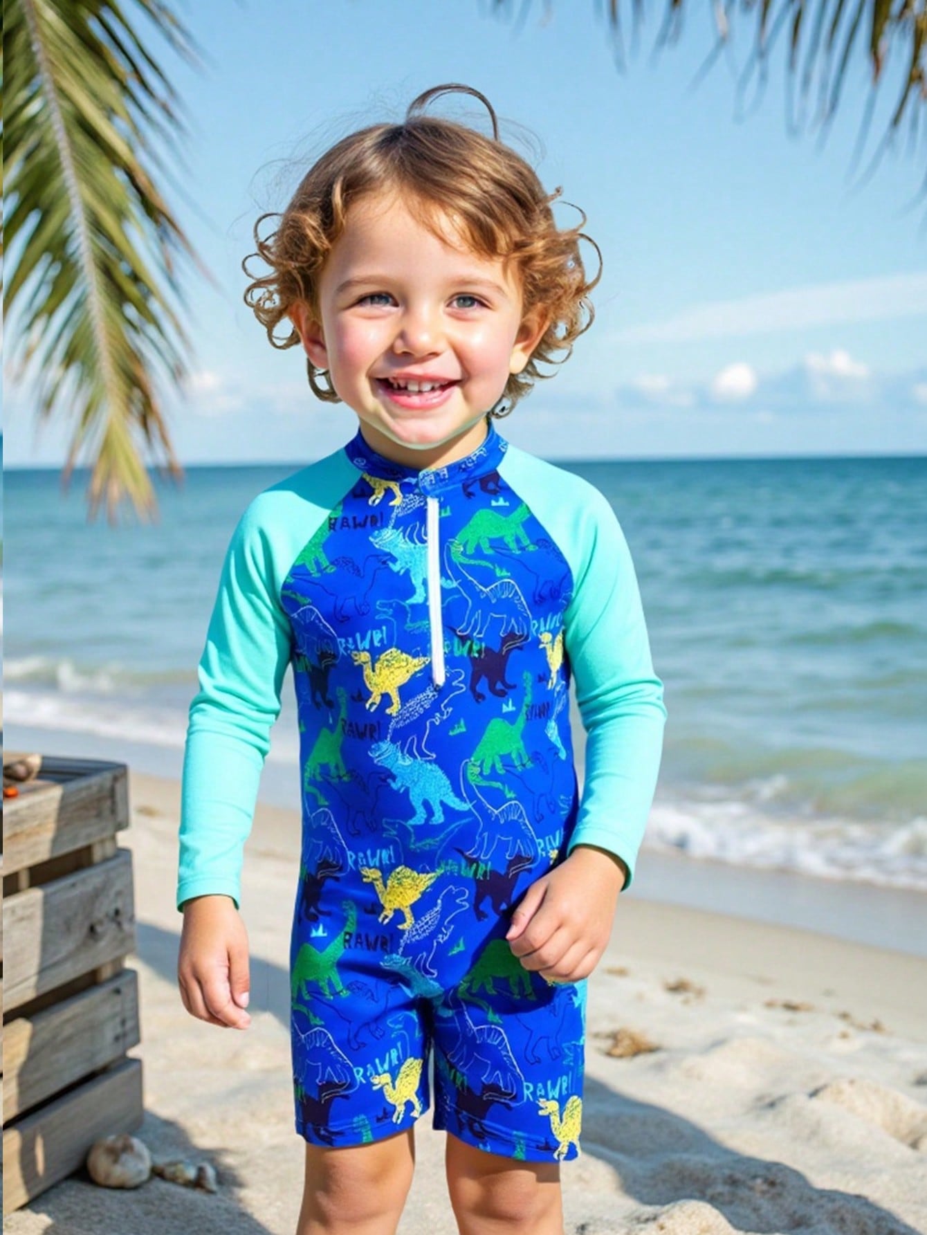 Traje de baño de una pieza con estampado de dinosaurio para niño