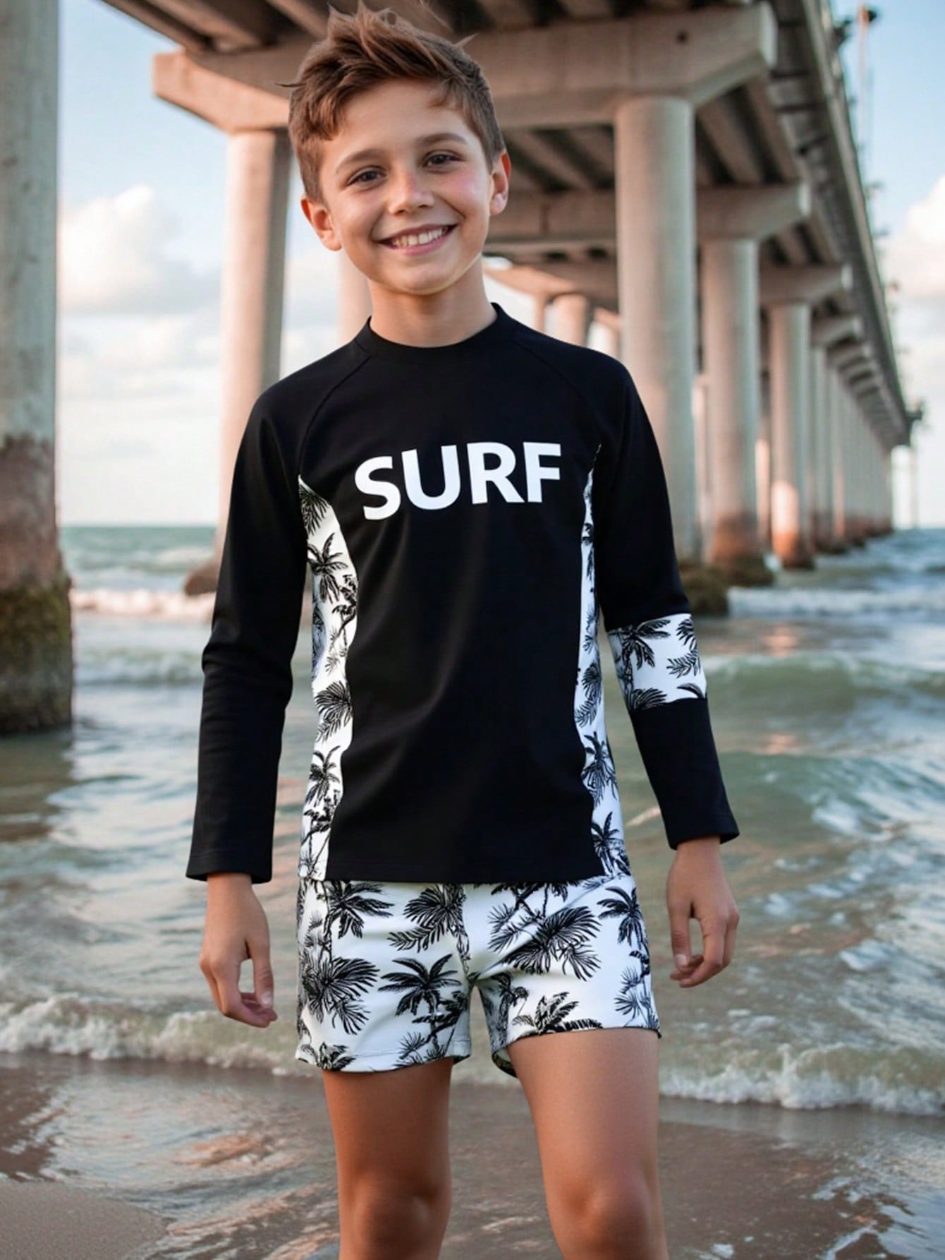 Conjunto de trajes de baño para niño pre-adolescente estampado de palmera