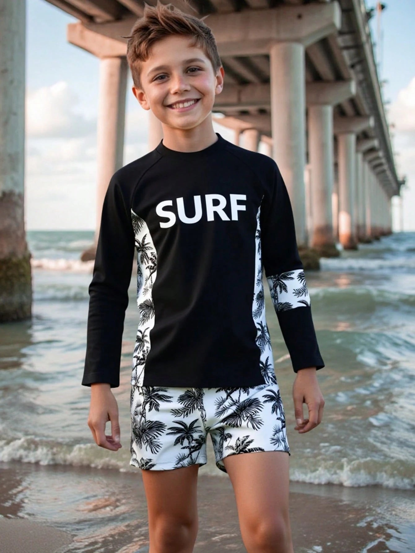 Conjunto de trajes de baño para niño pre-adolescente estampado de palmera