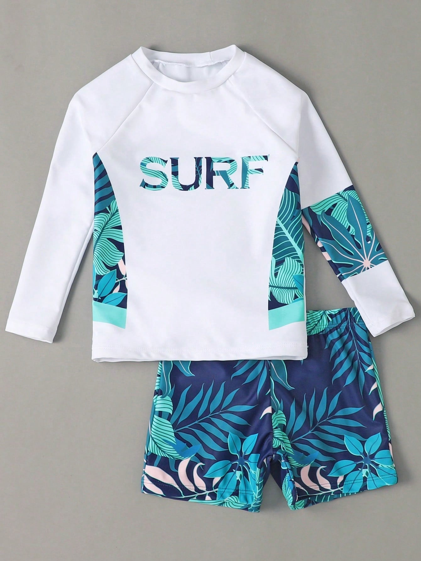 Traje De Baño De Cuello Alto Para Niños Con Gráfico Tropical Y De Letras Al Azar Para La Playa