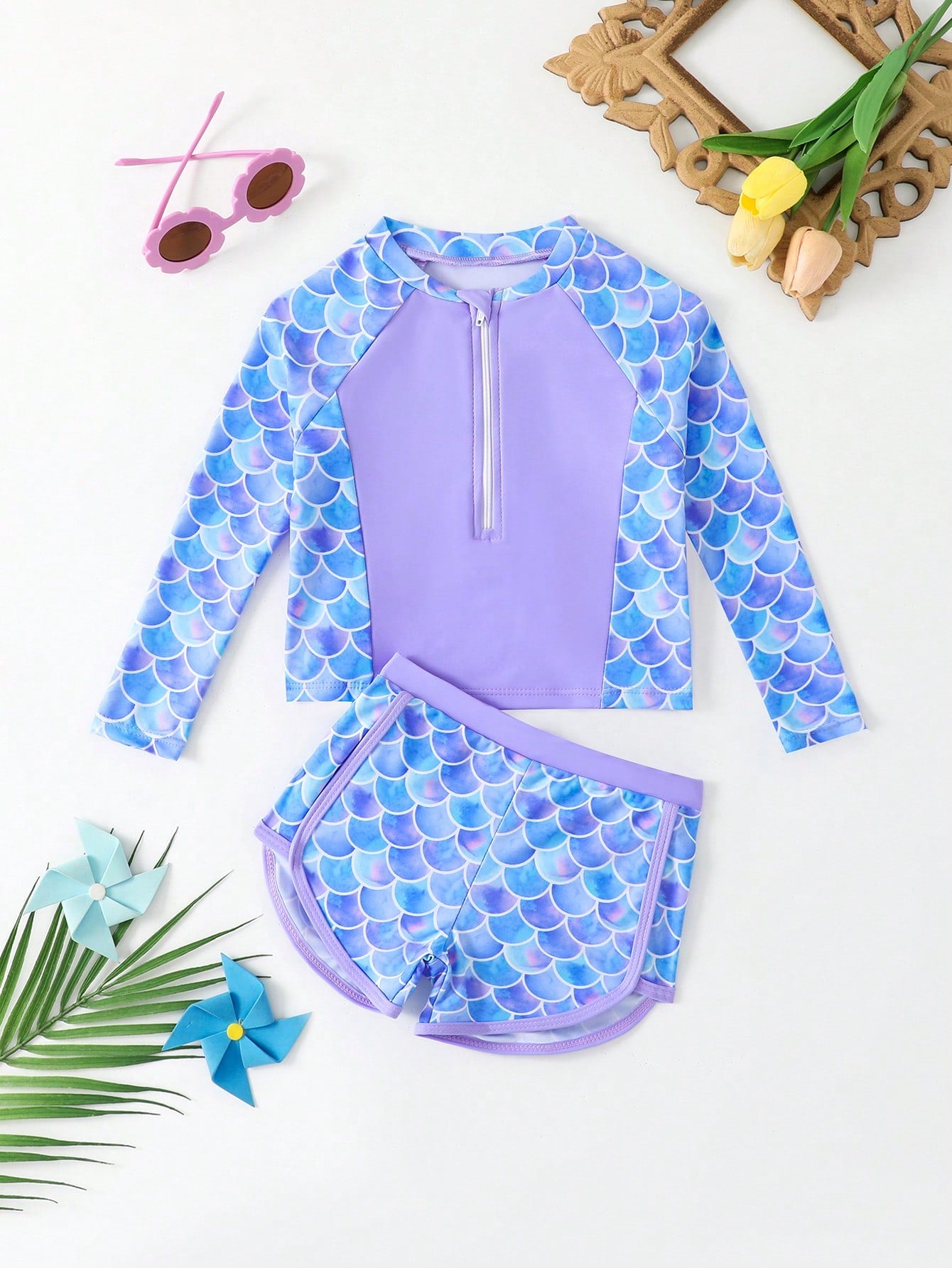 Conjunto de tankini de dos piezas con estampado aleatorio para niñas jóvenes