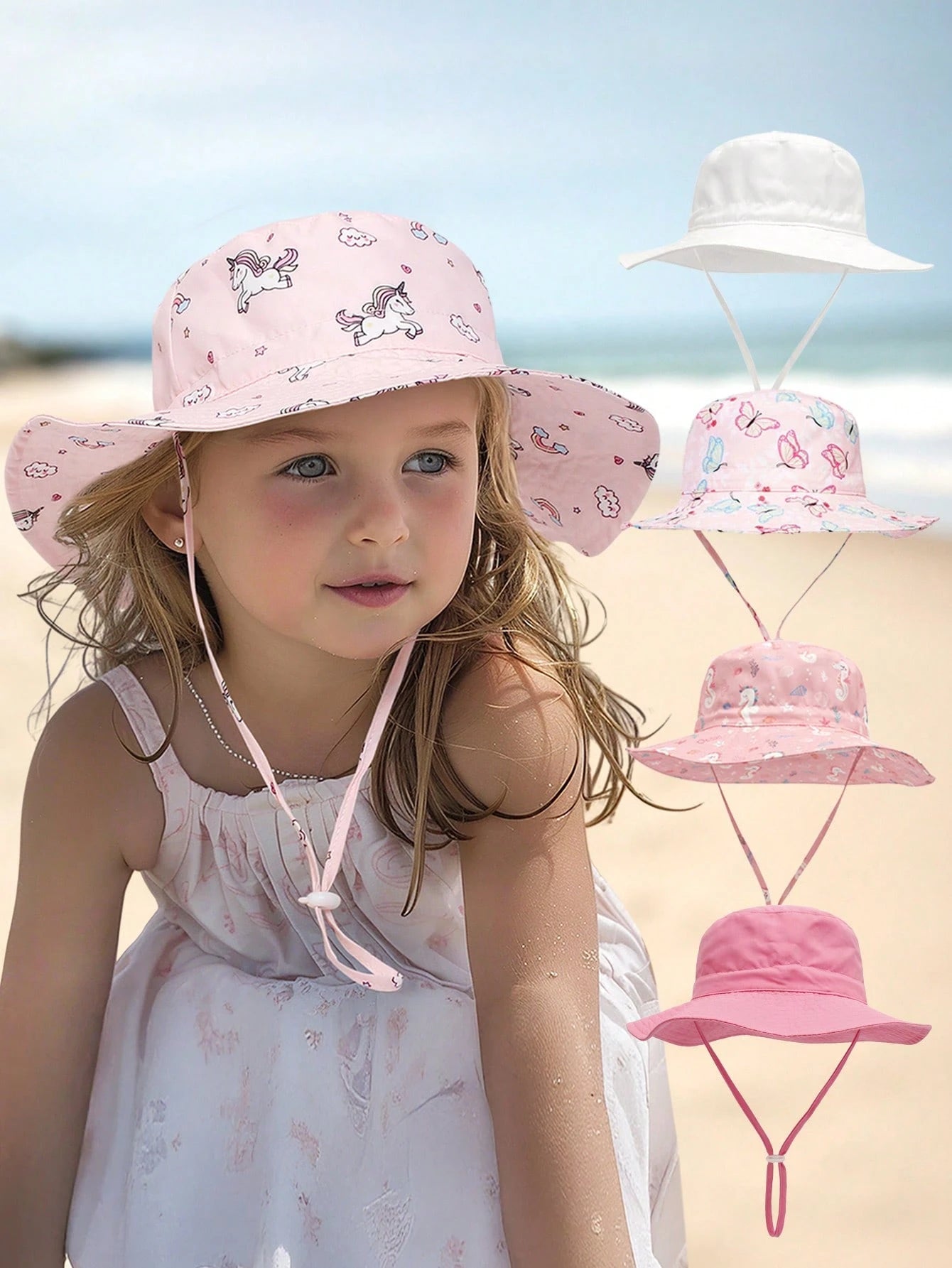 Sombrero de playa rosa para niños con estampado de unicornio y protección anti-UV, gorro tipo balde para niñas de 0 a 8 años