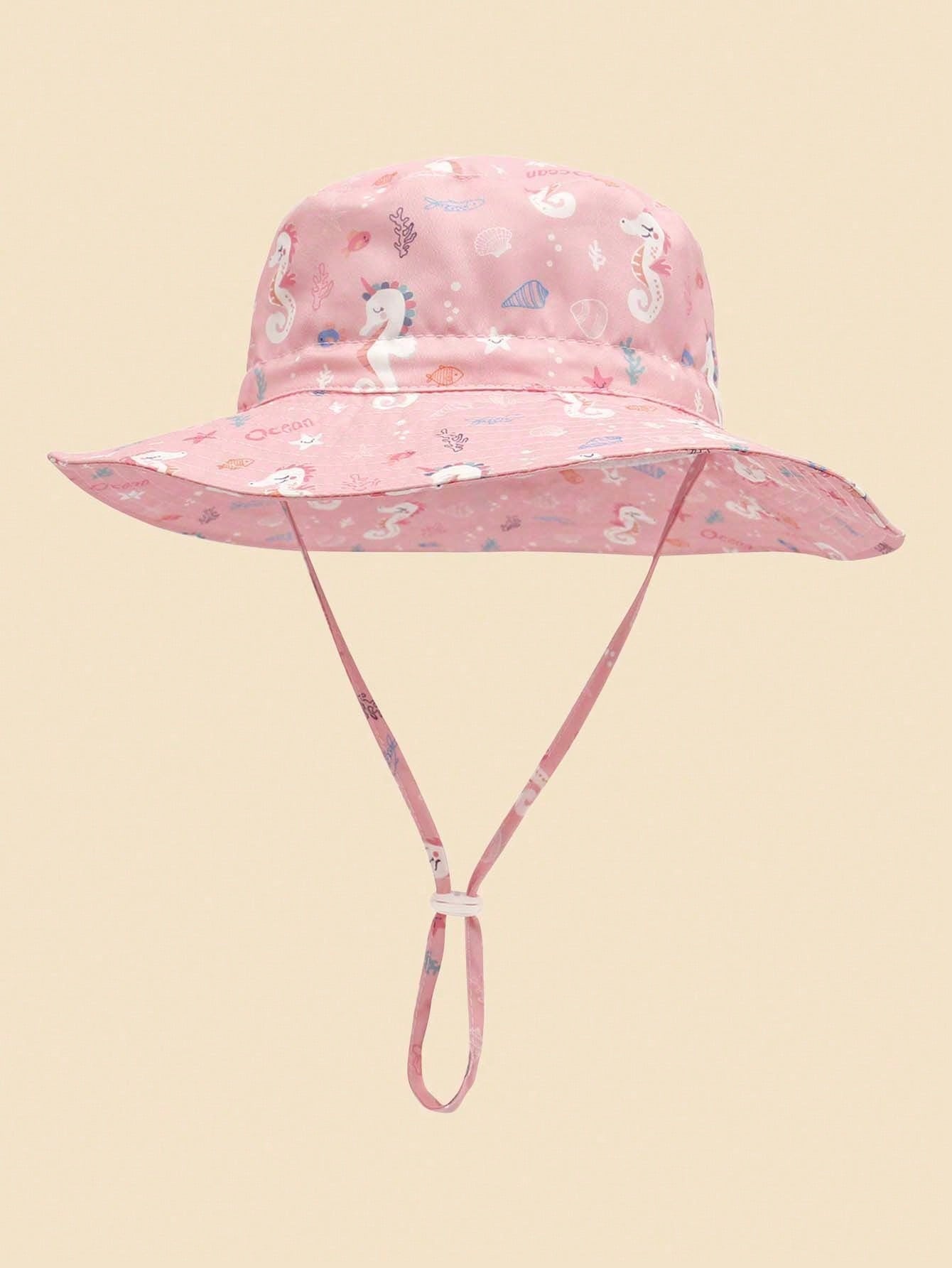Sombrero de playa rosa para niños con estampado de unicornio y protección anti-UV, gorro tipo balde para niñas de 0 a 8 años