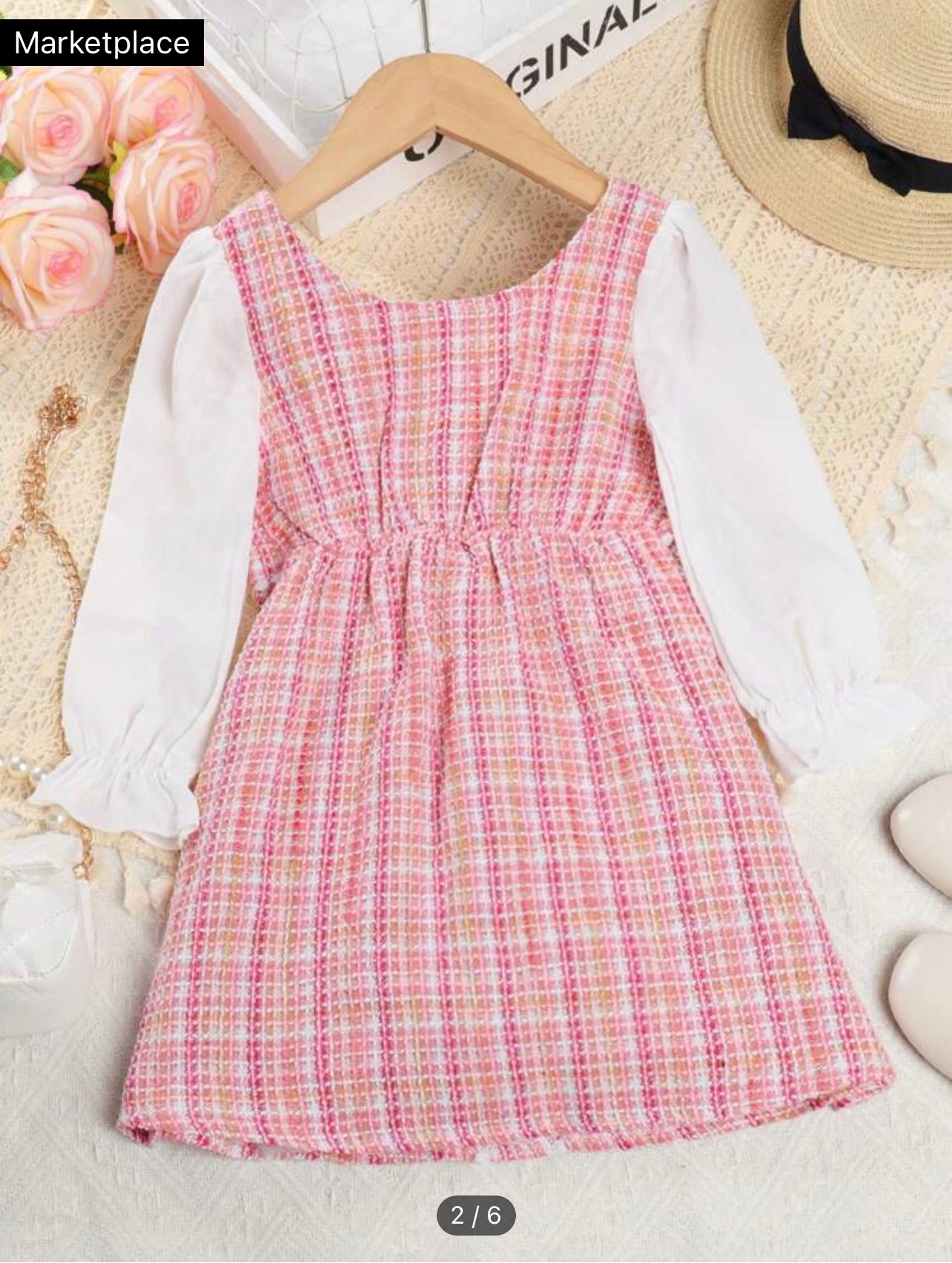 Vestido Rosa pequeño elegante Burbuja de Manga Larga de cuadros con perlas