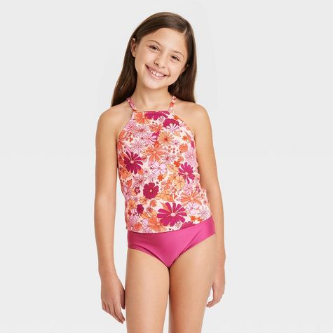 Traje de baño de 2 piezas de niña con camisa de flores y panty unicolor