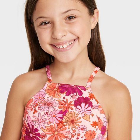 Traje de baño de 2 piezas de niña con camisa de flores y panty unicolor