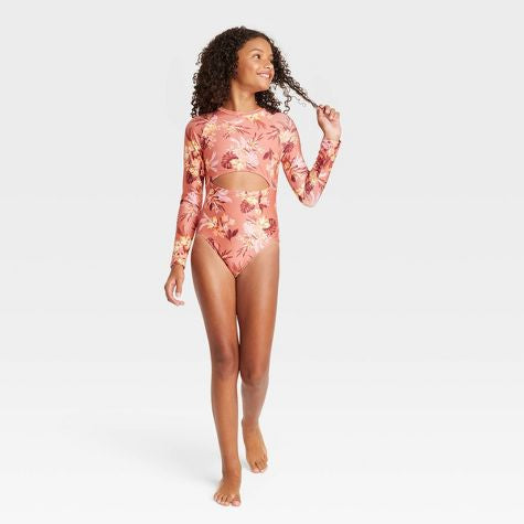 Traje de baño de niña de flores manga larga