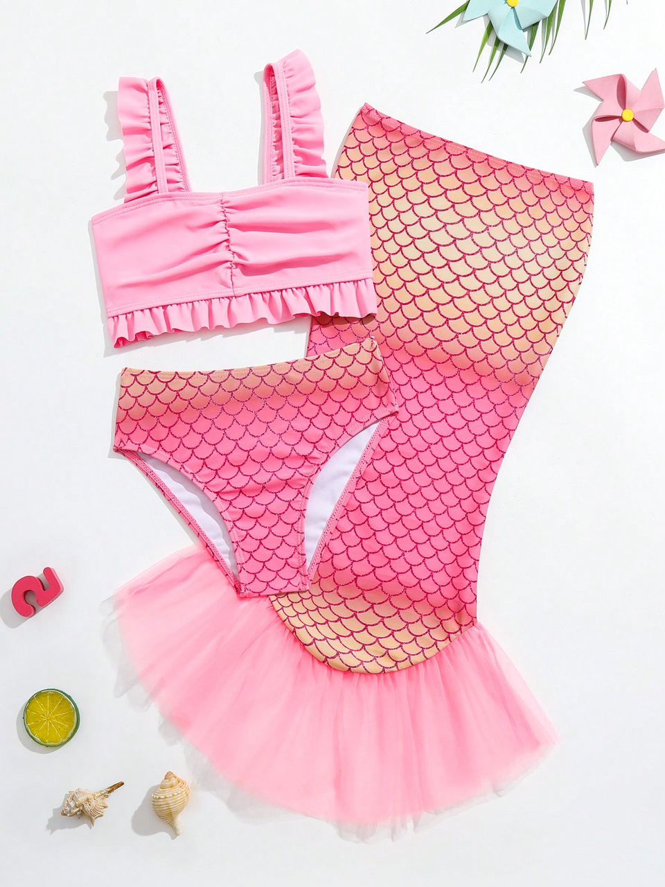 Chica Joven Set con estampado de escamas de pescado ribete con fruncido cola sirena
