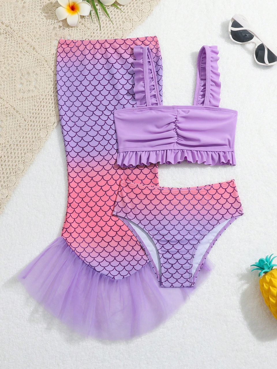 Chica Joven Set con estampado de escamas de pescado ribete con fruncido cola sirena