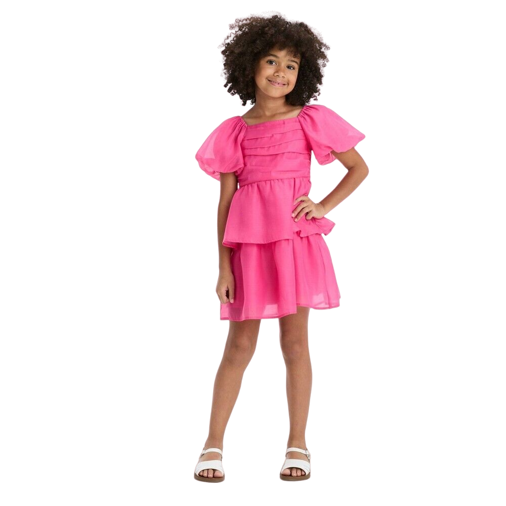 Vestido fucsia de mangas bombaches a capas para niñas