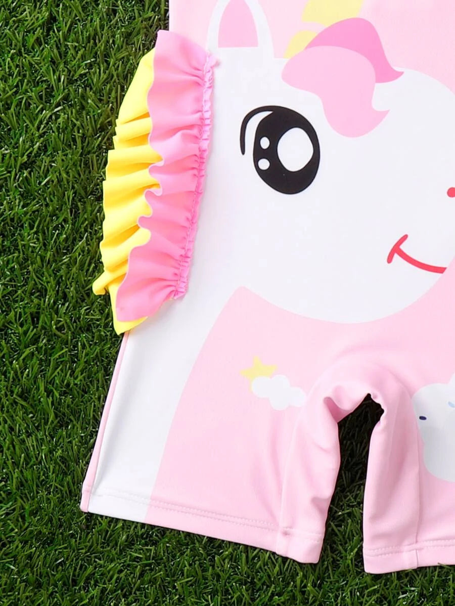 Bebé niña Bañador una pieza con estampado de unicornio con diseño de fruncido