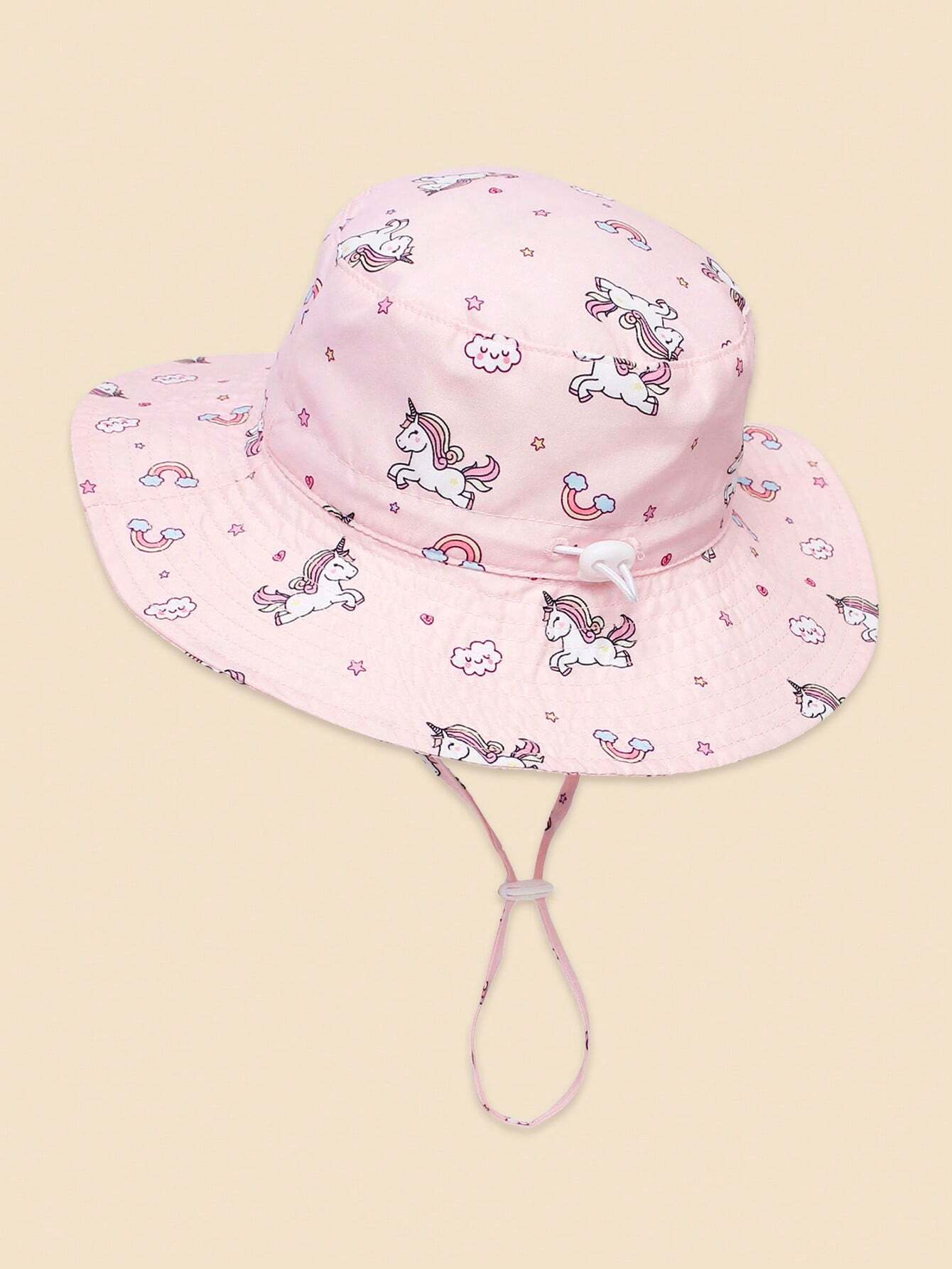 Sombrero de playa rosa para niños con estampado de unicornio y protección anti-UV, gorro tipo balde para niñas de 0 a 8 años