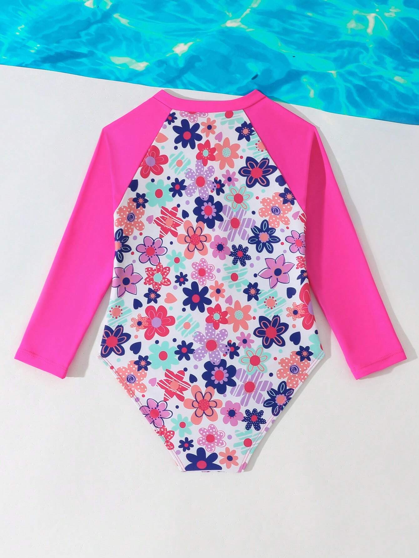 1 pieza Traje de baño informal de una sola pieza con manga larga, cremallera frontal y unicolor para niñas jóvenes