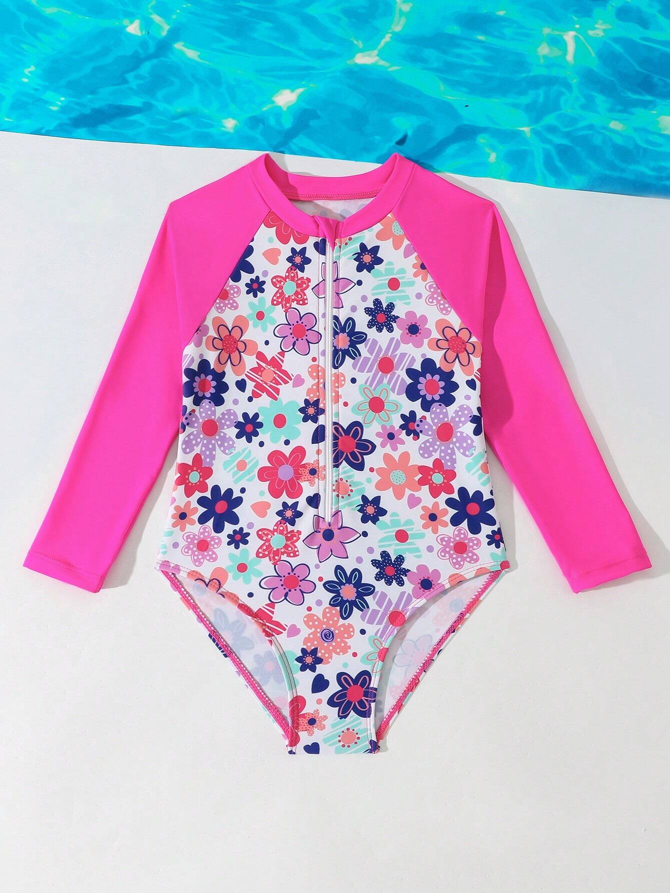 1 pieza Traje de baño informal de una sola pieza con manga larga, cremallera frontal y unicolor para niñas jóvenes