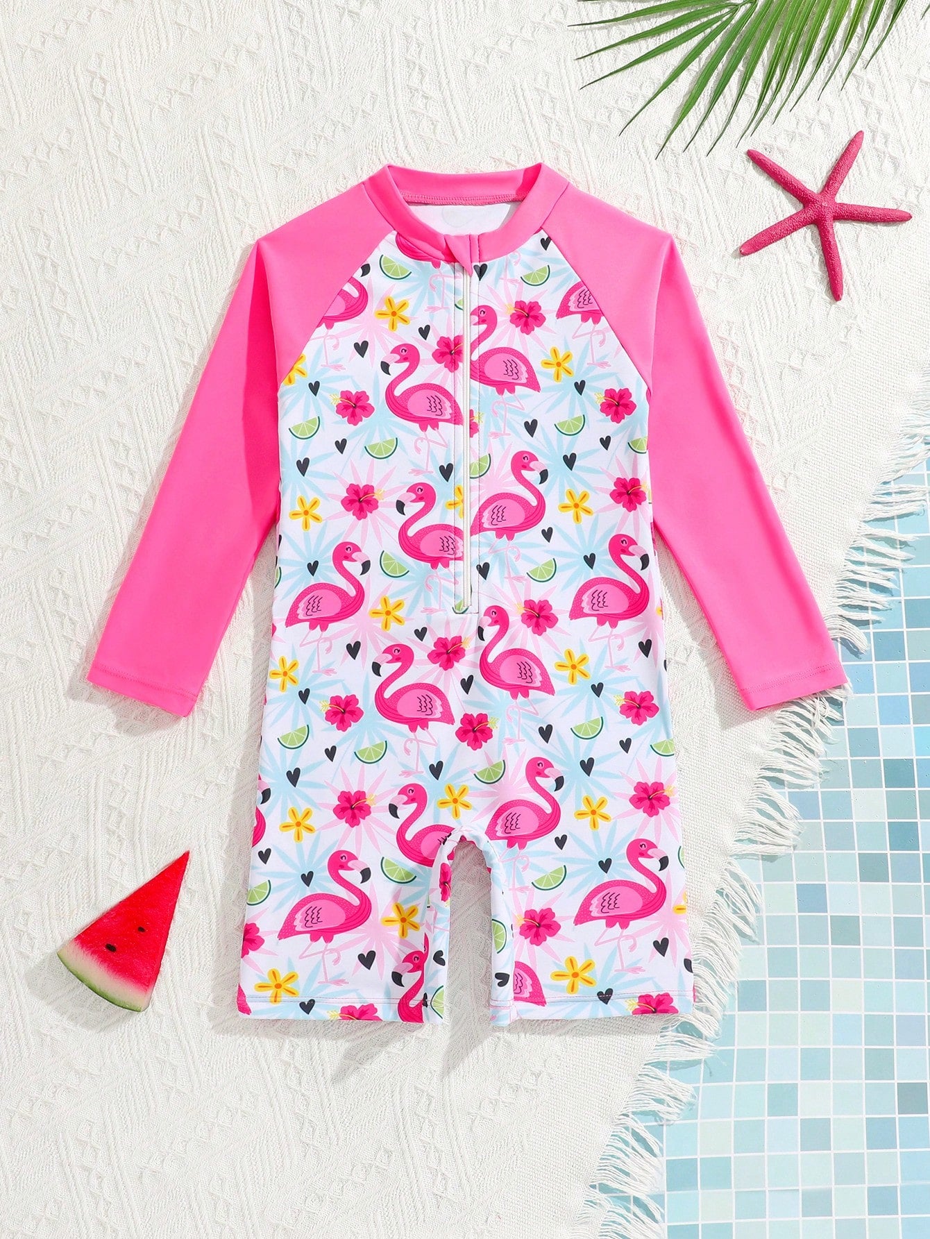 Traje de baño de una pieza con estampado de flamencos, con cremallera y manga larga para protección solar, para niñas