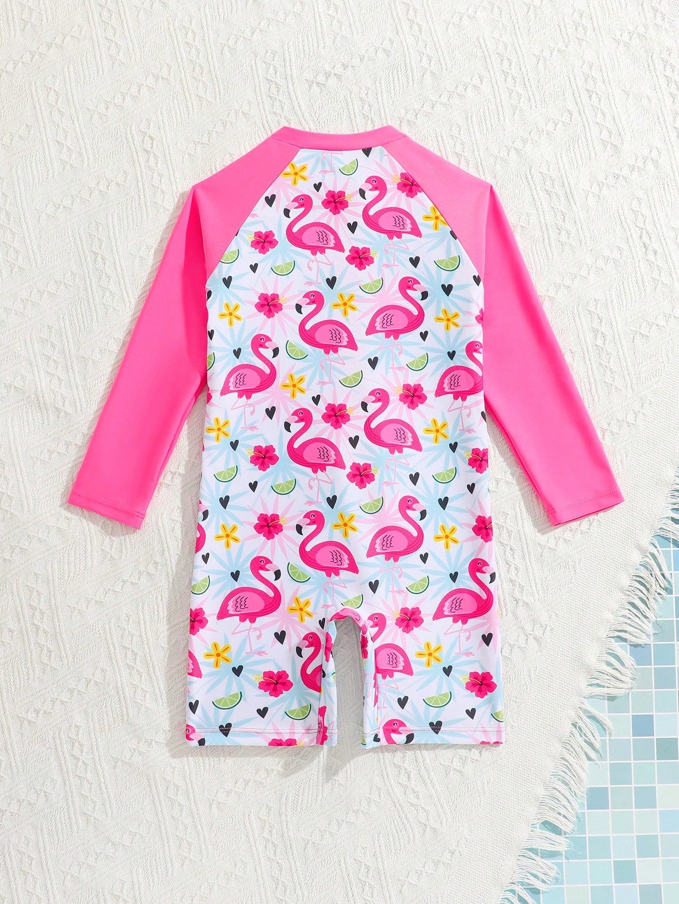 Traje de baño de una pieza con estampado de flamencos, con cremallera y manga larga para protección solar, para niñas