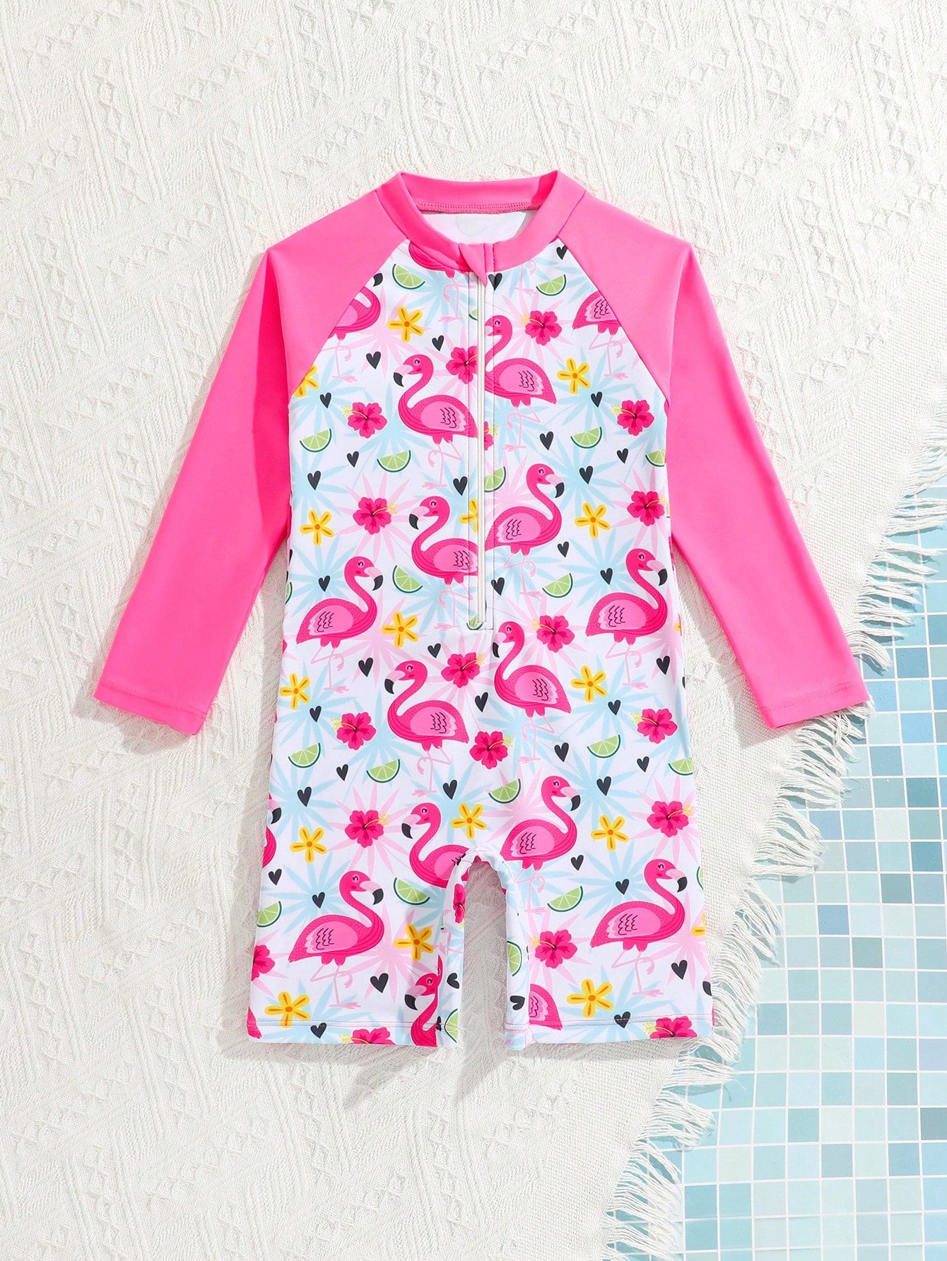 Traje de baño de una pieza con estampado de flamencos, con cremallera y manga larga para protección solar, para niñas