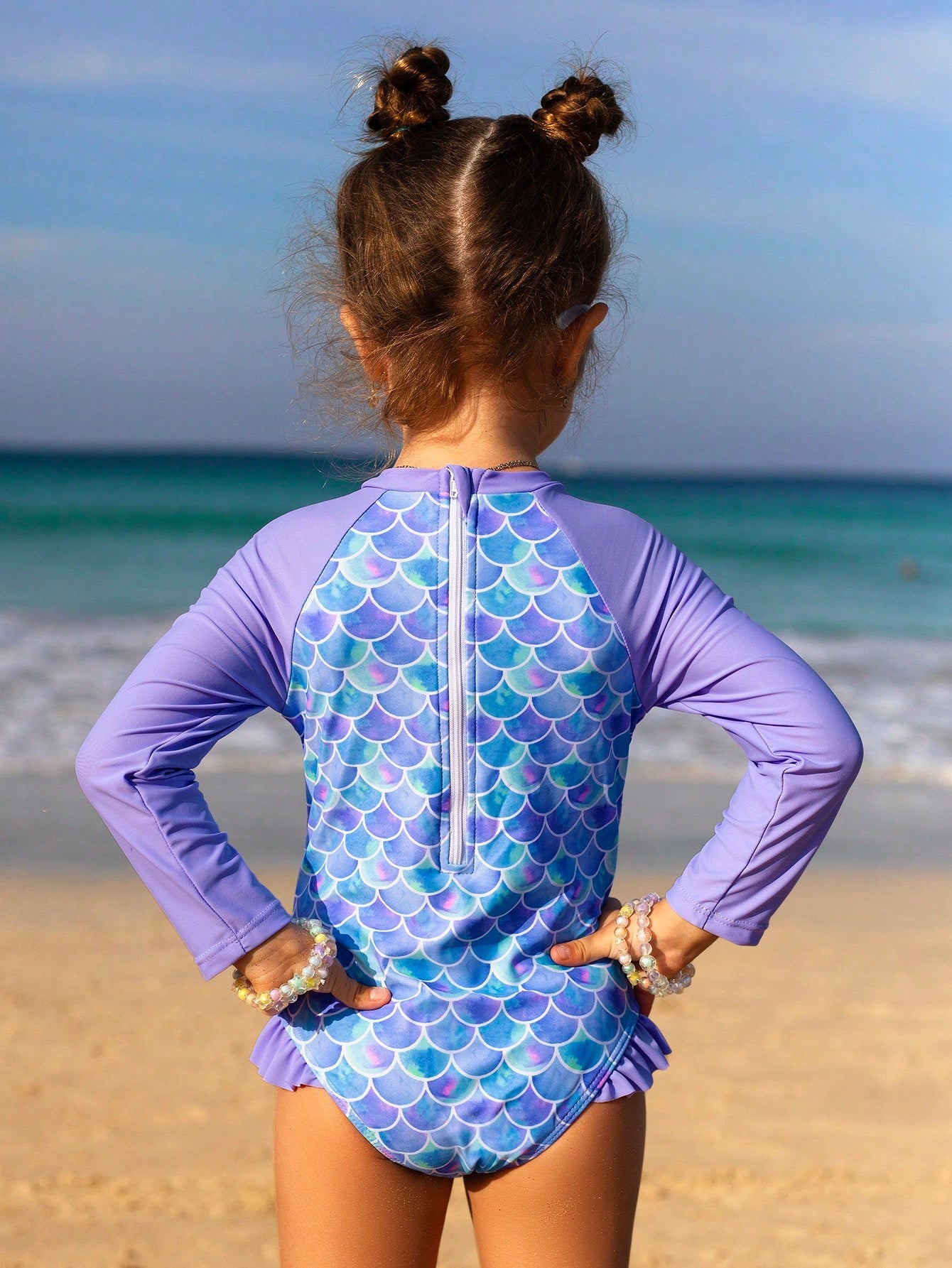 Traje de baño de una pieza con mangas largas con volantes y estampado de escamas de sirena para niñas, para playa de verano