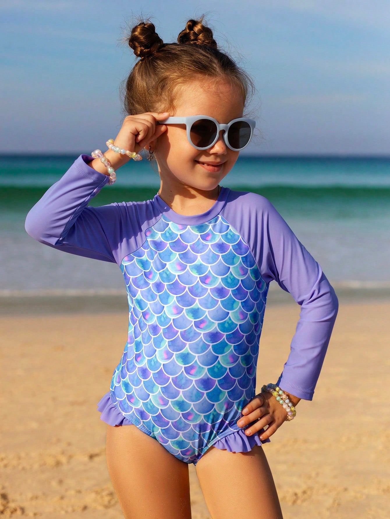 Traje de baño de una pieza con mangas largas con volantes y estampado de escamas de sirena para niñas, para playa de verano