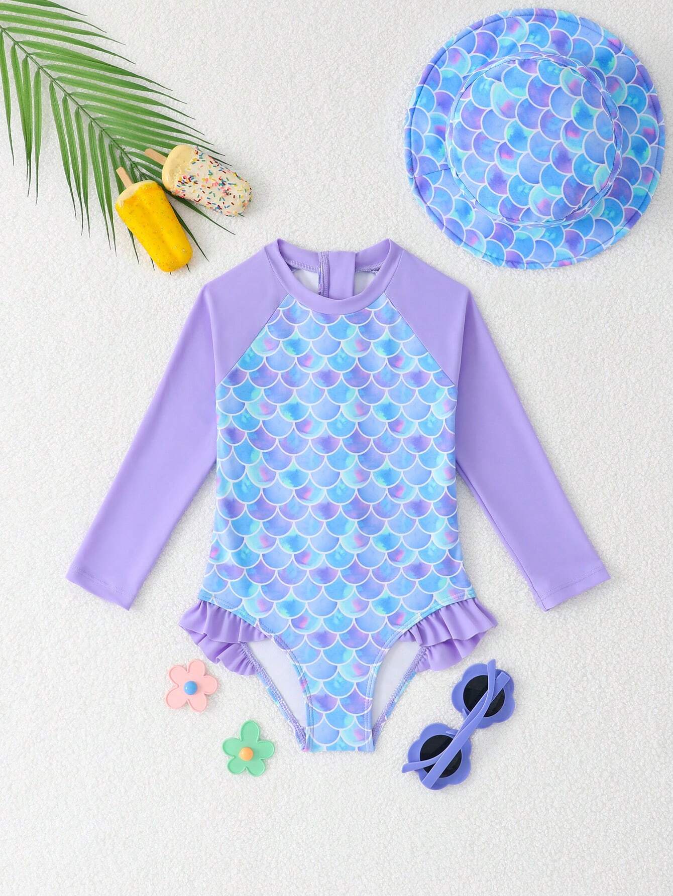 Traje de baño de una pieza con mangas largas con volantes y estampado de escamas de sirena para niñas, para playa de verano