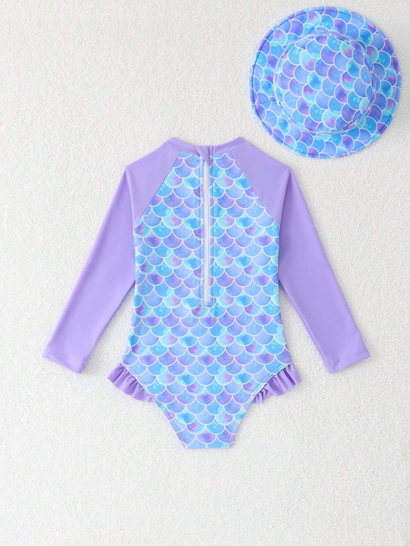 Traje de baño de una pieza con mangas largas con volantes y estampado de escamas de sirena para niñas, para playa de verano