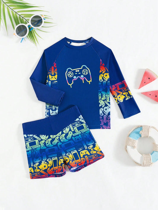 Conjunto de tankini con parte superior de manga larga y pantalón de baño con estampado de control de juego para niño pequeño