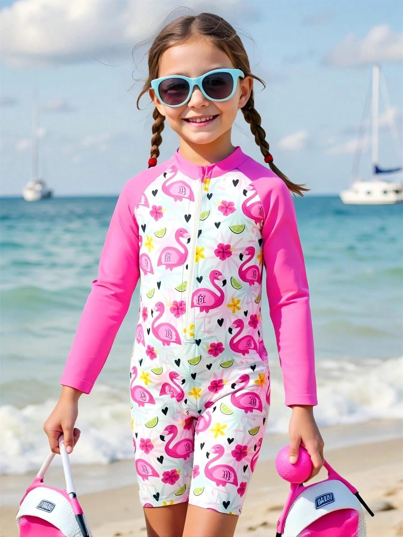 Traje de baño de una pieza con estampado de flamencos, con cremallera y manga larga para protección solar, para niñas